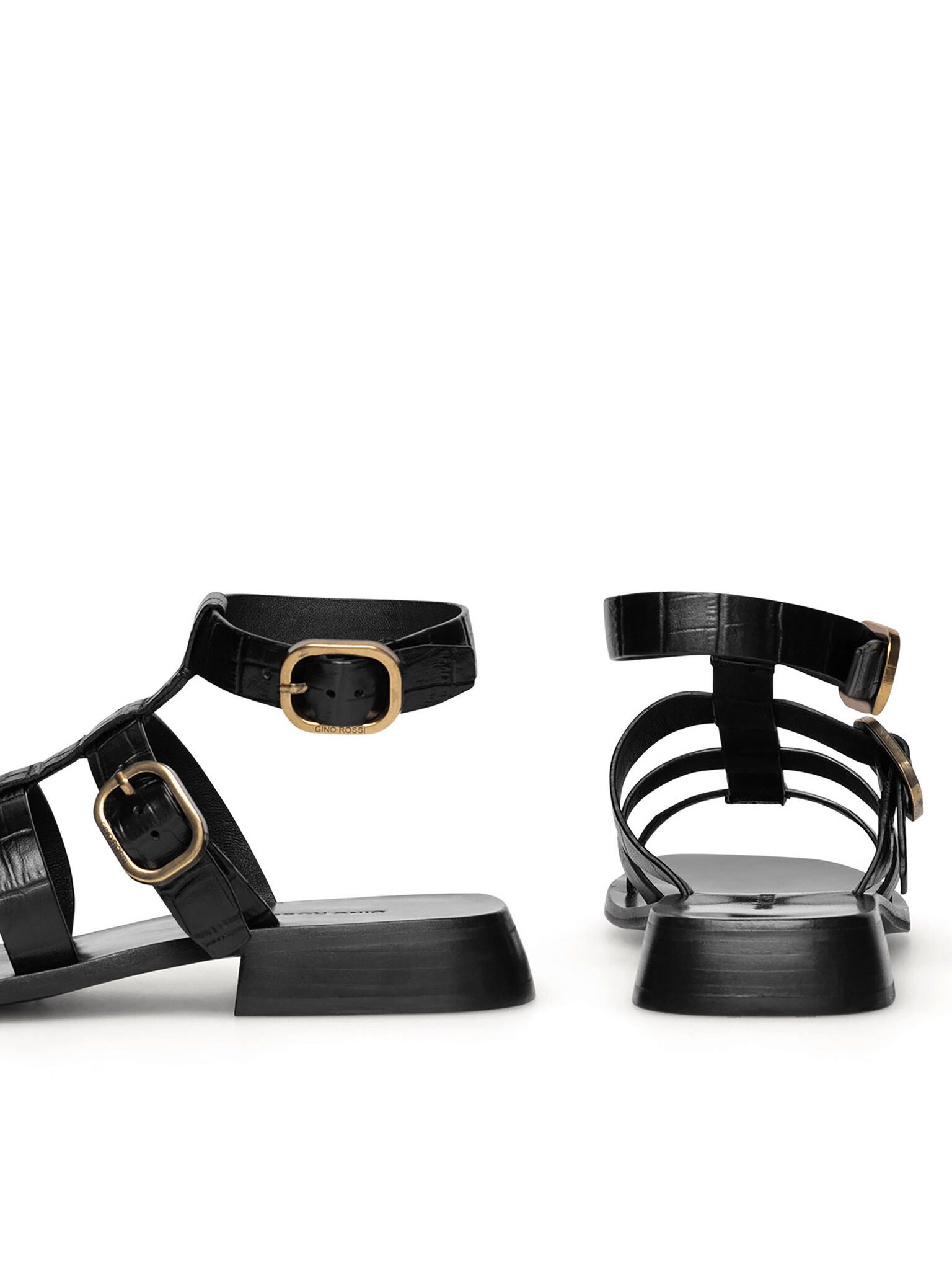 GINO ROSSI Gino Rossi LERICI‑112790 – Damen-Ledersandalen mit Schnalle Schwarz Sandale Schnalle, goldene Verzierung, offener Zehenbereich