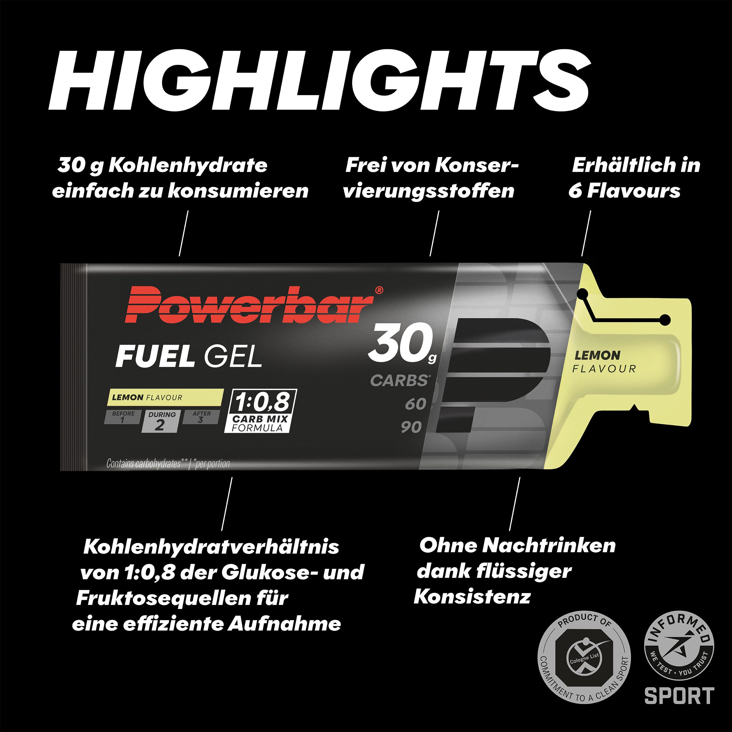 PowerBar Kohlenhydratgel Fuel 30 Gel Black Line Lemon 30g Kohlenhydrate 12x50ml Gel, Packung à 12 St., 600 ml