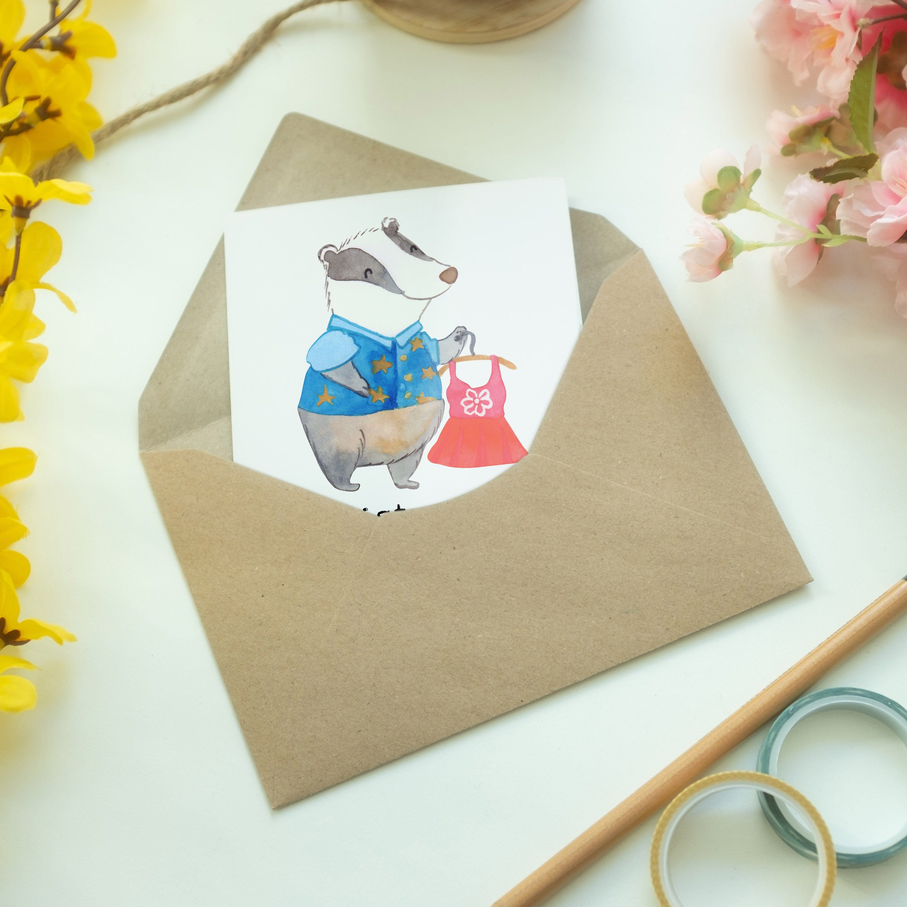 Panda Mrs. Mr. shoppen, Herz - Geschenk, & Weiß Modedesigner - Arbeitskollege, Mod mit Grußkarte