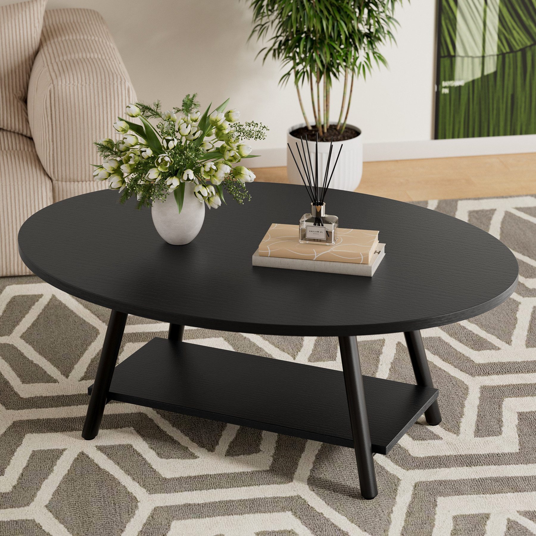 HawthyHome Couchtisch ovaler 2-stöckiger Beistelltisch mit Stauraum, 101 x 60 cm (1-St), Moderner Massivholztisch, ideal für Wohnzimmer und Schlafzimmer