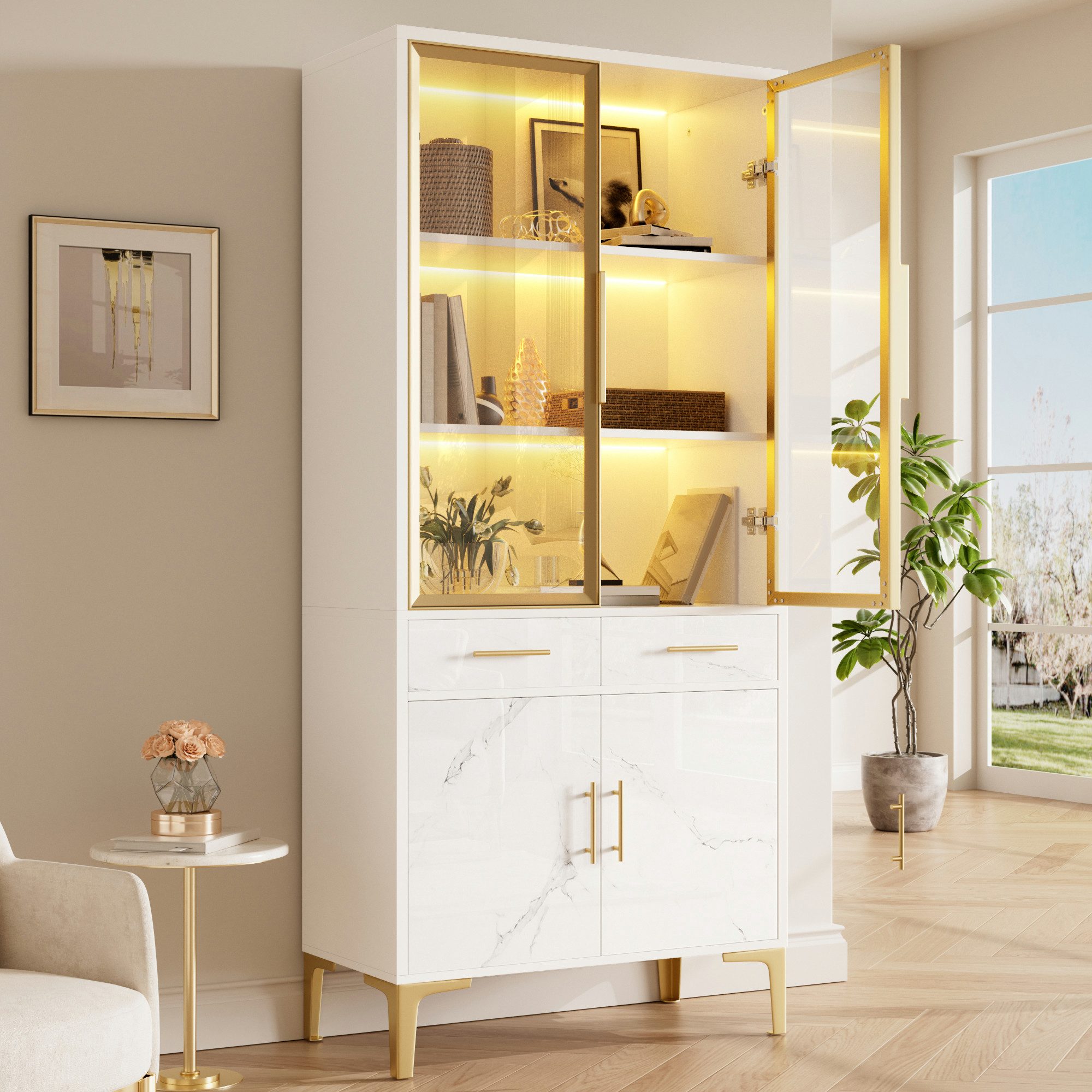 Merax Vitrine mit LED Beleuchtung, Standvitrine mit Marmoroptik & Metallfüßen (75Lx38Bx170Hcm, 1-St) Hochschrank mit 2 Schubladen, 2 Glastüren, 2 Türen & Stauraum