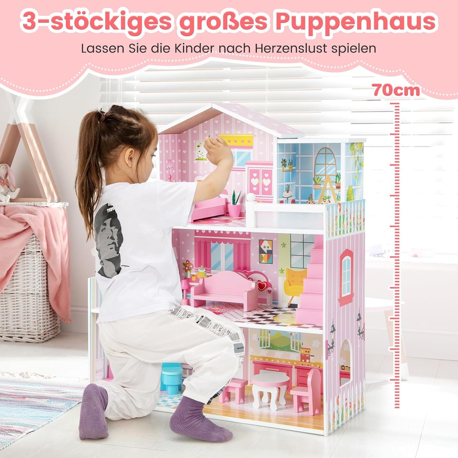KOMFOTTEU Puppenhaus 3-stöckige, mit 5 Zimmern, für Kinder ab 3 Jahren