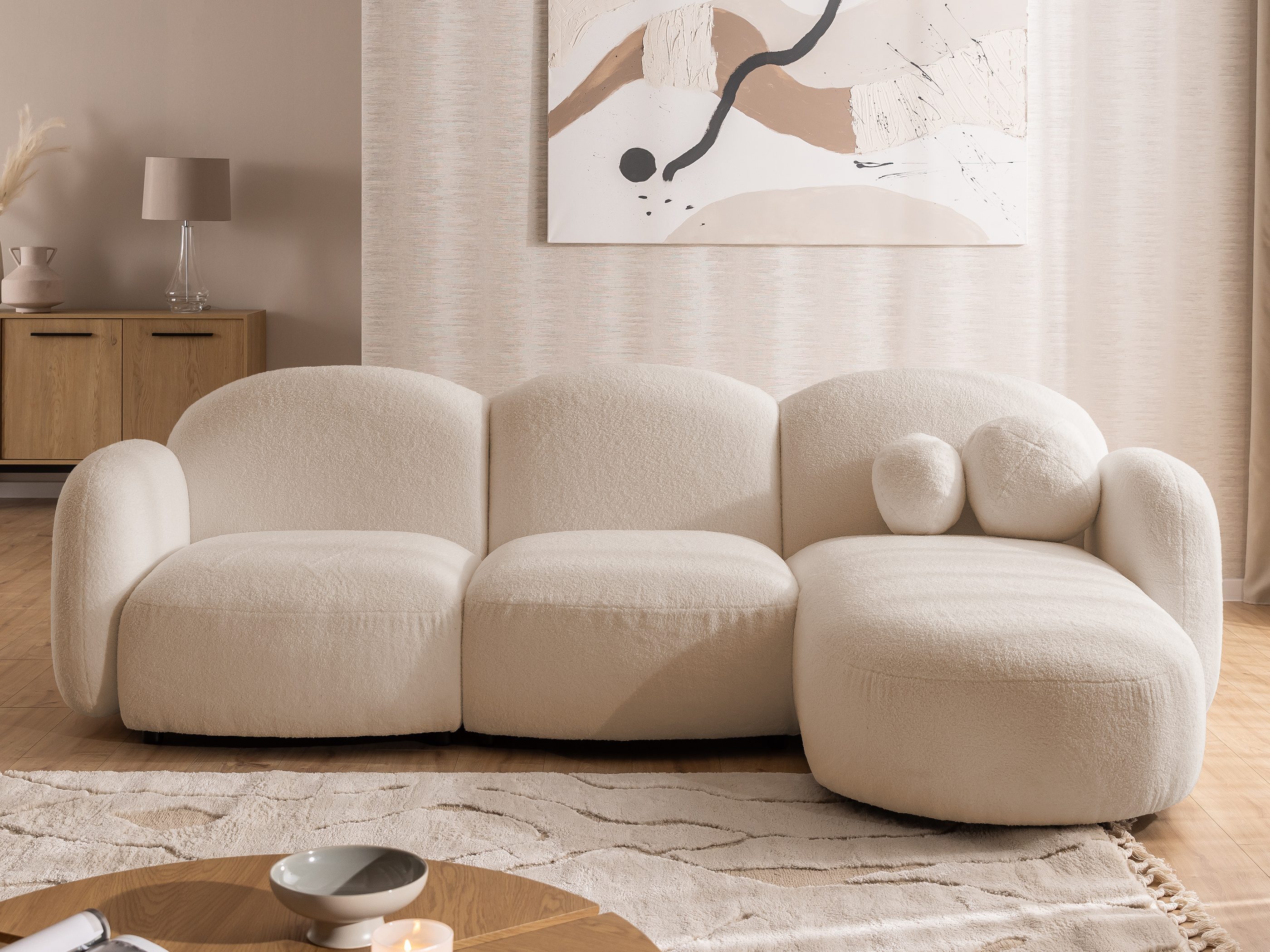 S-Style Möbel Ecksofa Nuvola aus Bouclé-Stoff mit abgerundetem Design und hohem Sitzkomfort, mit Wellenfederung