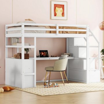 Flieks Hochbett Kinderbett Etagenbett 90x200cm mit Schreibtisch und Stauraumtreppe