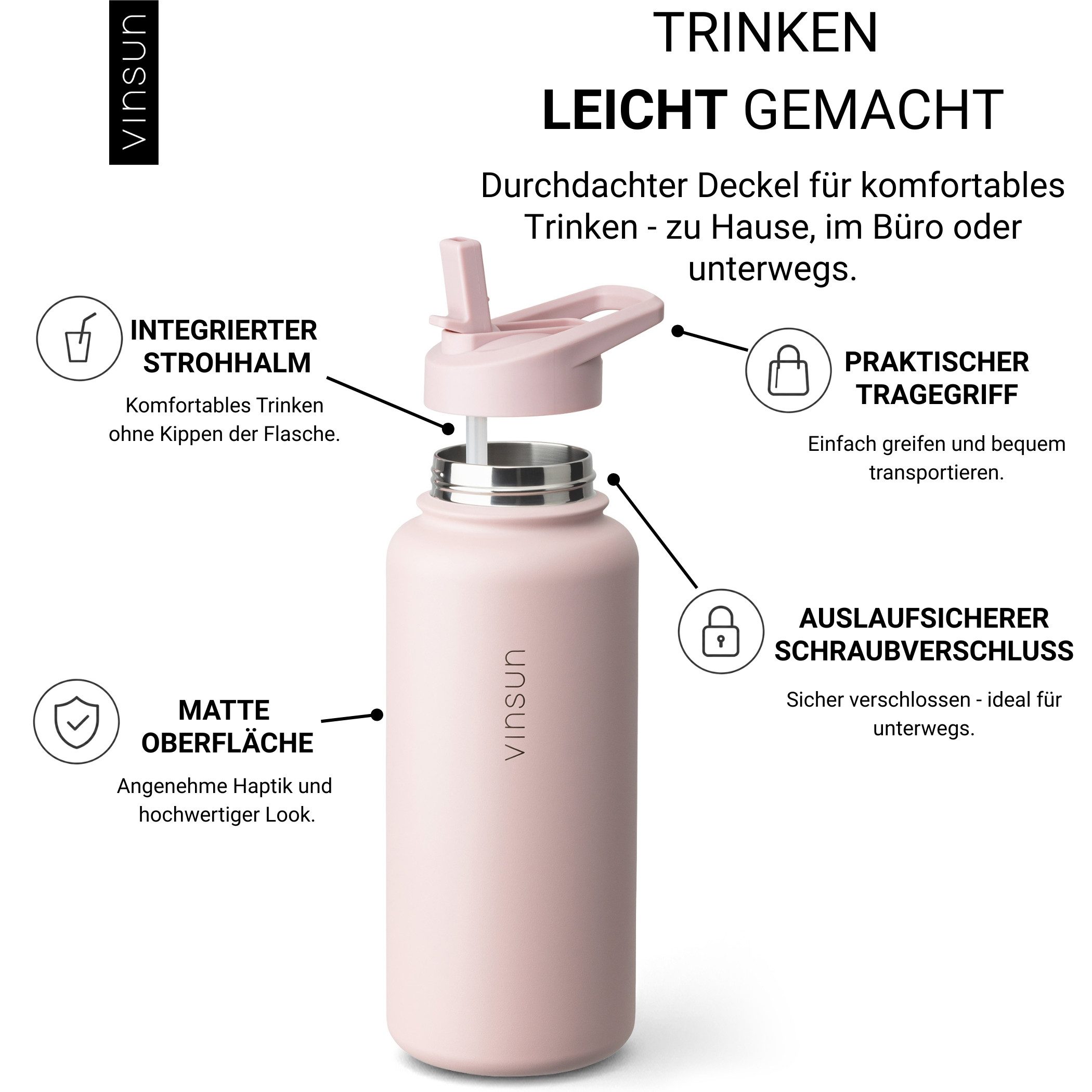 Vinsun Isolierflasche Edelstahl Trinkflasche 1L Strohhalm - 2 Deckel Thermoflasche BPA frei, Doppelwandig isoliert, auslaufsicher, bruchsicher, Geruchsneutral – Bild 2 von 5