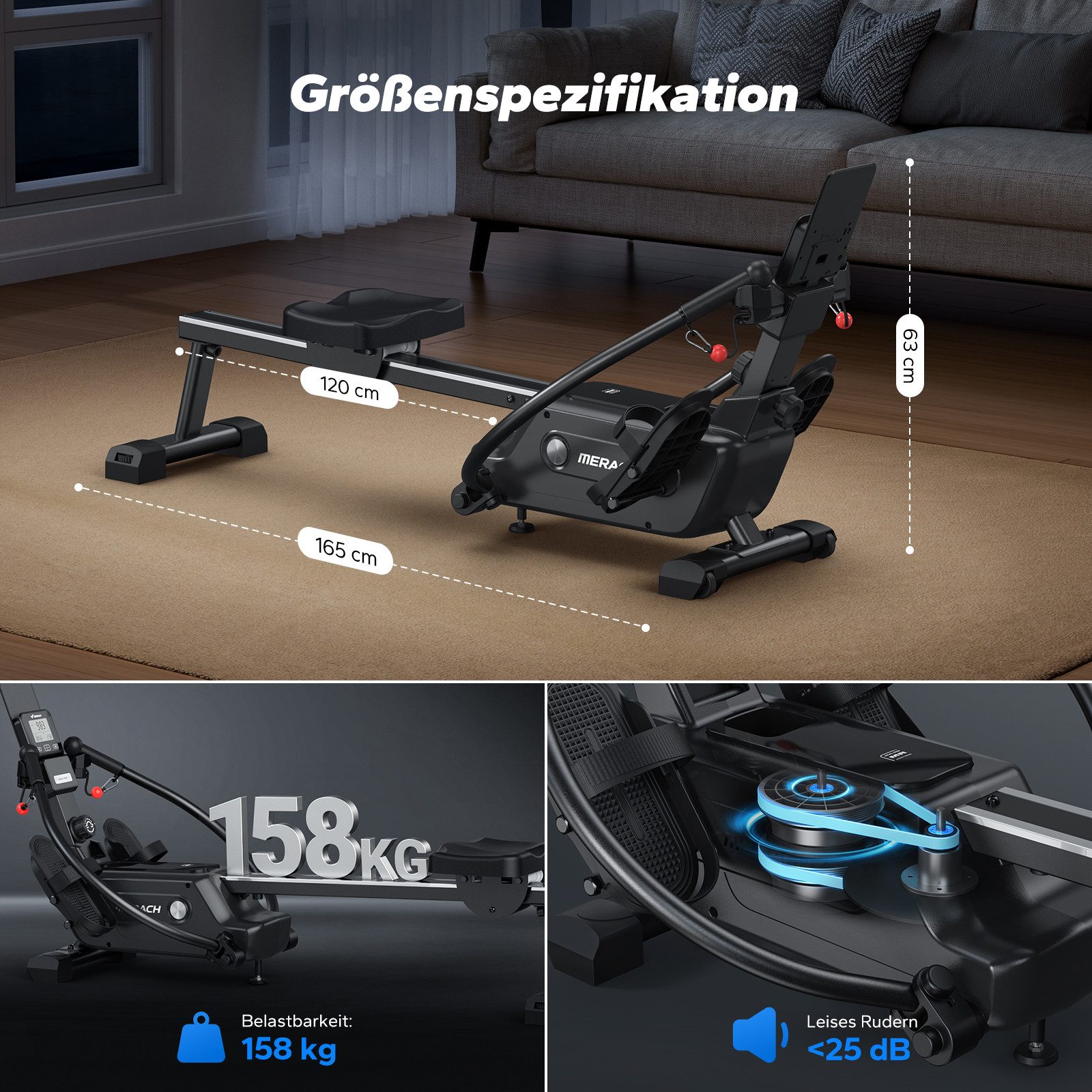 MERACH Rudergerät Rudergerät 2025, Magnetisches Rudergerät für zuhause bis zu 158 kg (16 Widerstandsstufen bis 36 kg, leise, LCD-Display, Tablet-Halter, mit Interaktiver APP und Kurse, Bluetooth, Kinomap Kompatibel), 7 adaptive Trainingsmodi, Ergonomischer Sitz, Echtes Rudererlebnis
