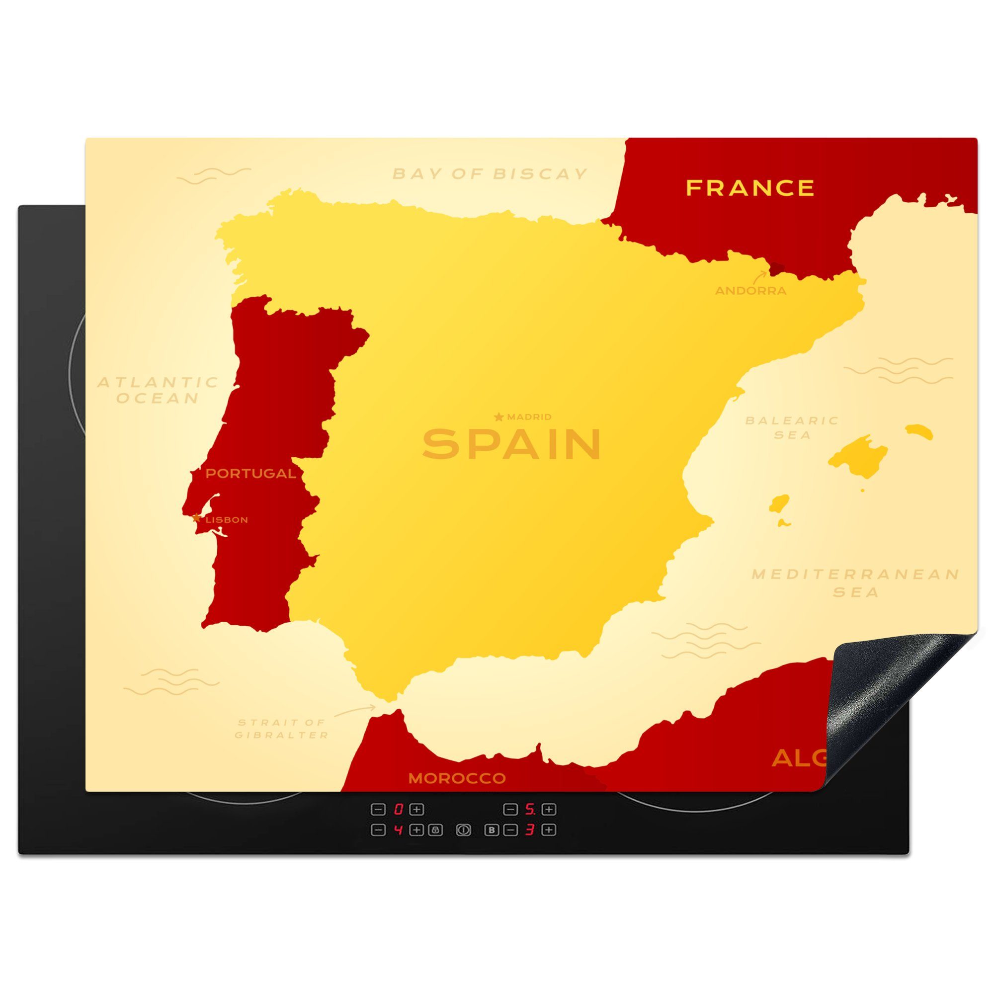 MuchoWow Herdblende-/Abdeckplatte Illustration einer gelben Karte von Spanien, Vinyl, (1 tlg), 70x52 cm, Mobile Arbeitsfläche nutzbar, Ceranfeldabdeckung