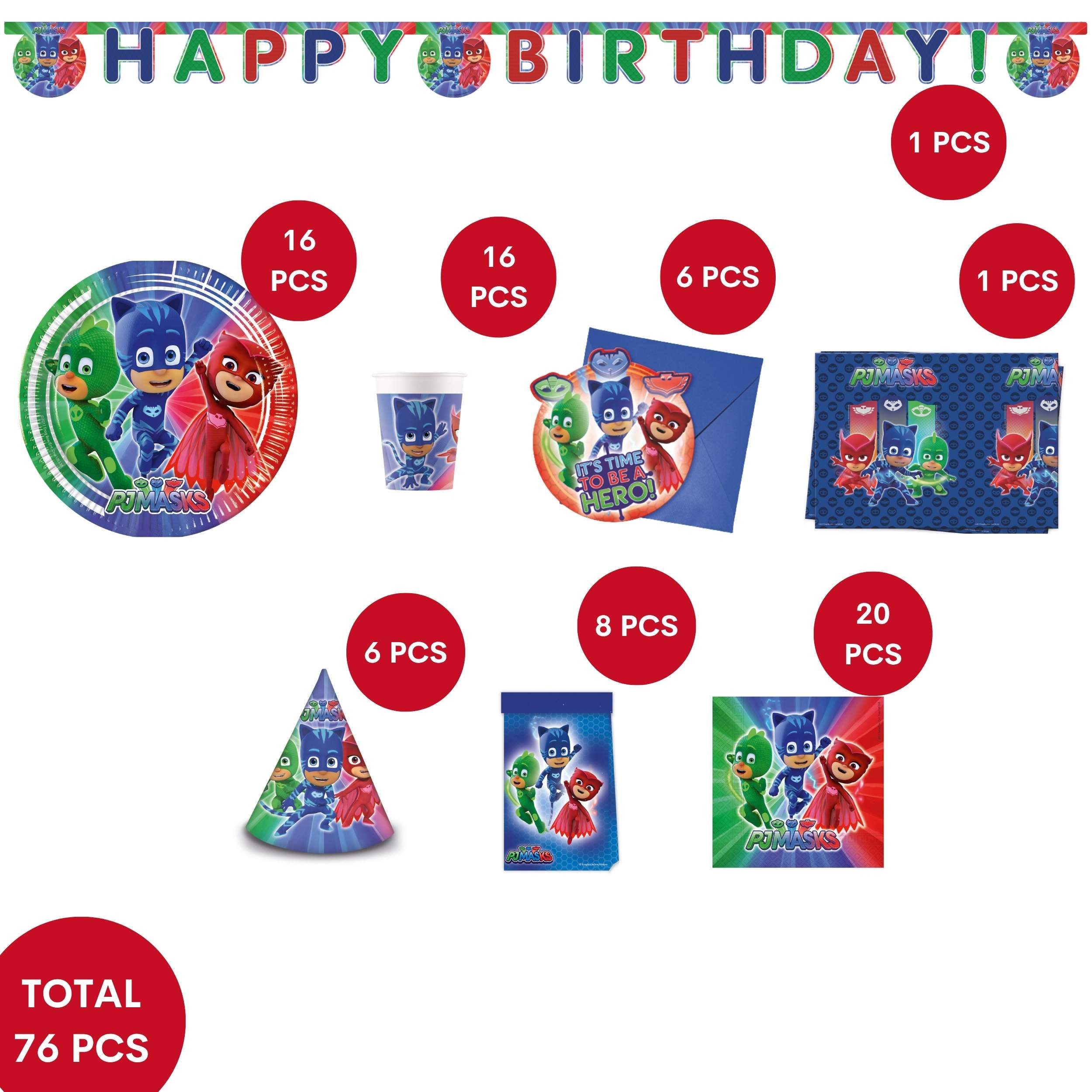 Procos Einweggeschirr-Set 74-tlg PJ Masks Pyjamahelden Partyset für Kindergeburtstag, 16 Personen
