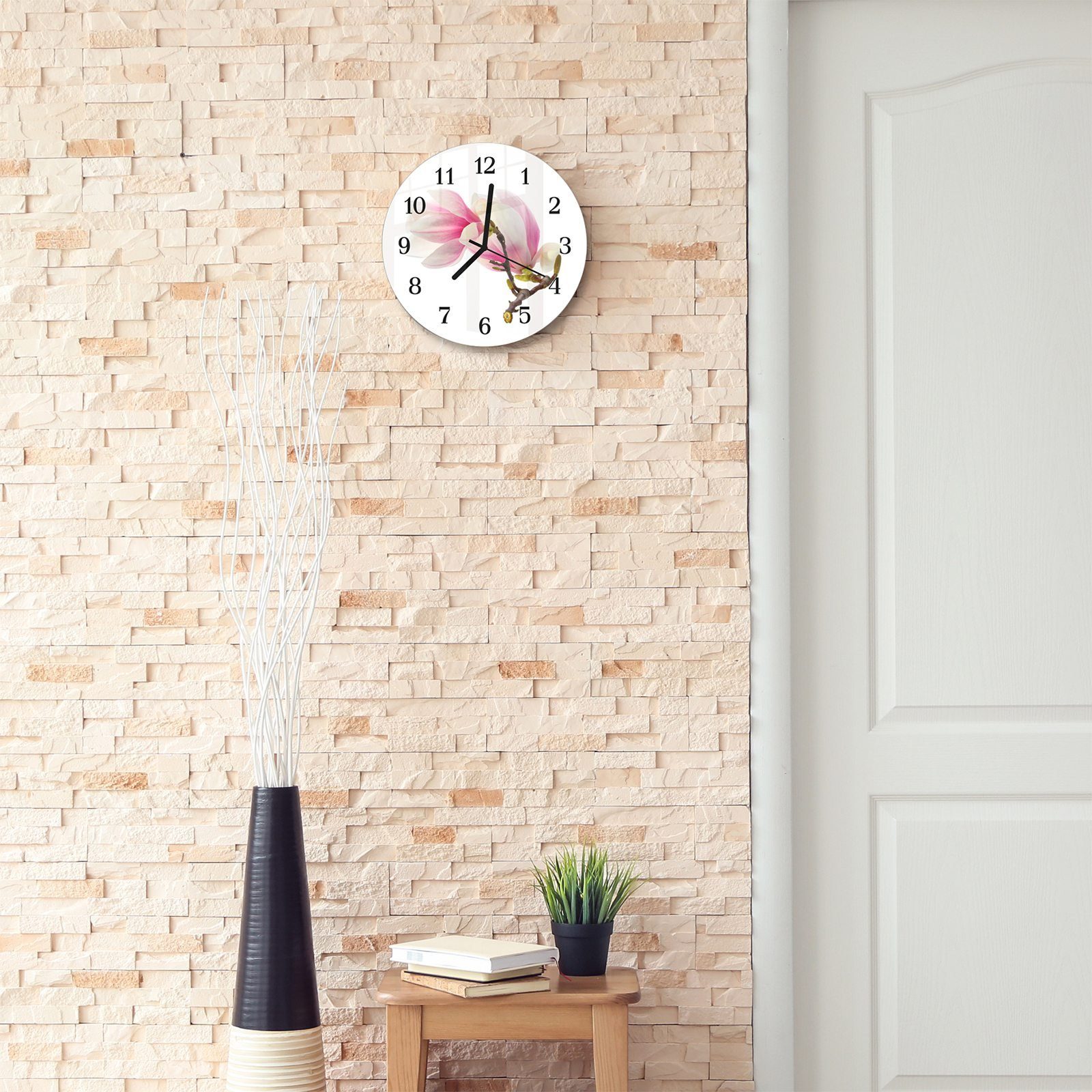 Primedeco Wanduhr Motiv Durchmesser Wanduhr Magnolienblüten aus 30 - Quarzuhrwerk mit Glas Rund und mit cm