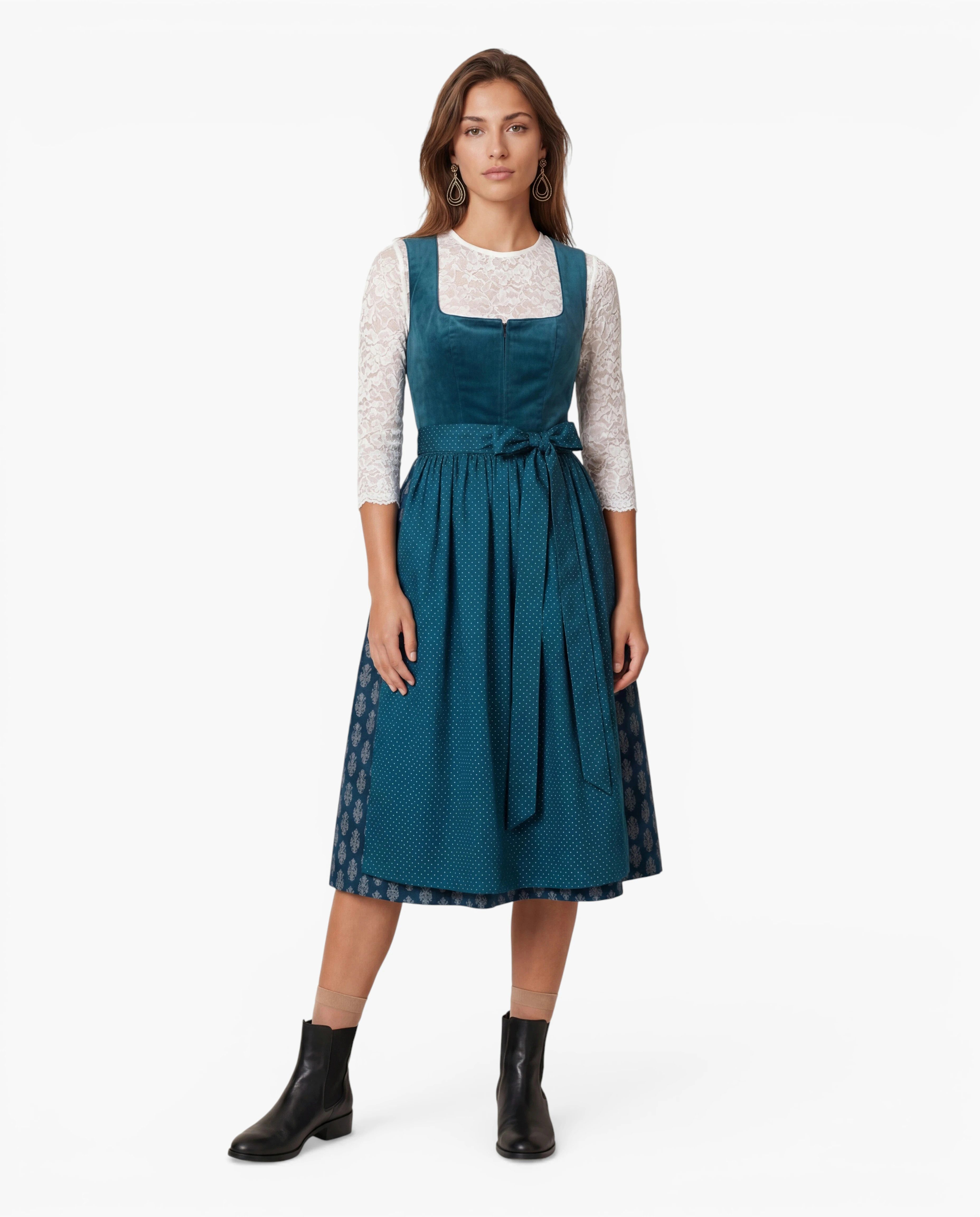 Ramona Lippert Dirndl Samy Samtdirndl Farbe petrol Kleid und Schürze Rocklänge 65 cm