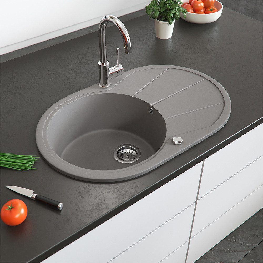 Bergstroem Granitspüle, Beton, 78 x 50 cm Rund mit Trockenplatz, Oval, 78/50 cm, beidseitig montierbar, (1 St)