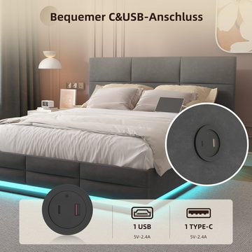 Fine Life Pro Bett Weicher, hautfreundlicher Samtstoff-Bett mit Hydrauliksystem, (großzügigem Stauraumbett, integrierten LED-Leuchten und USB-Ladegerät), ideal für Schlafzimmer und Wohnung