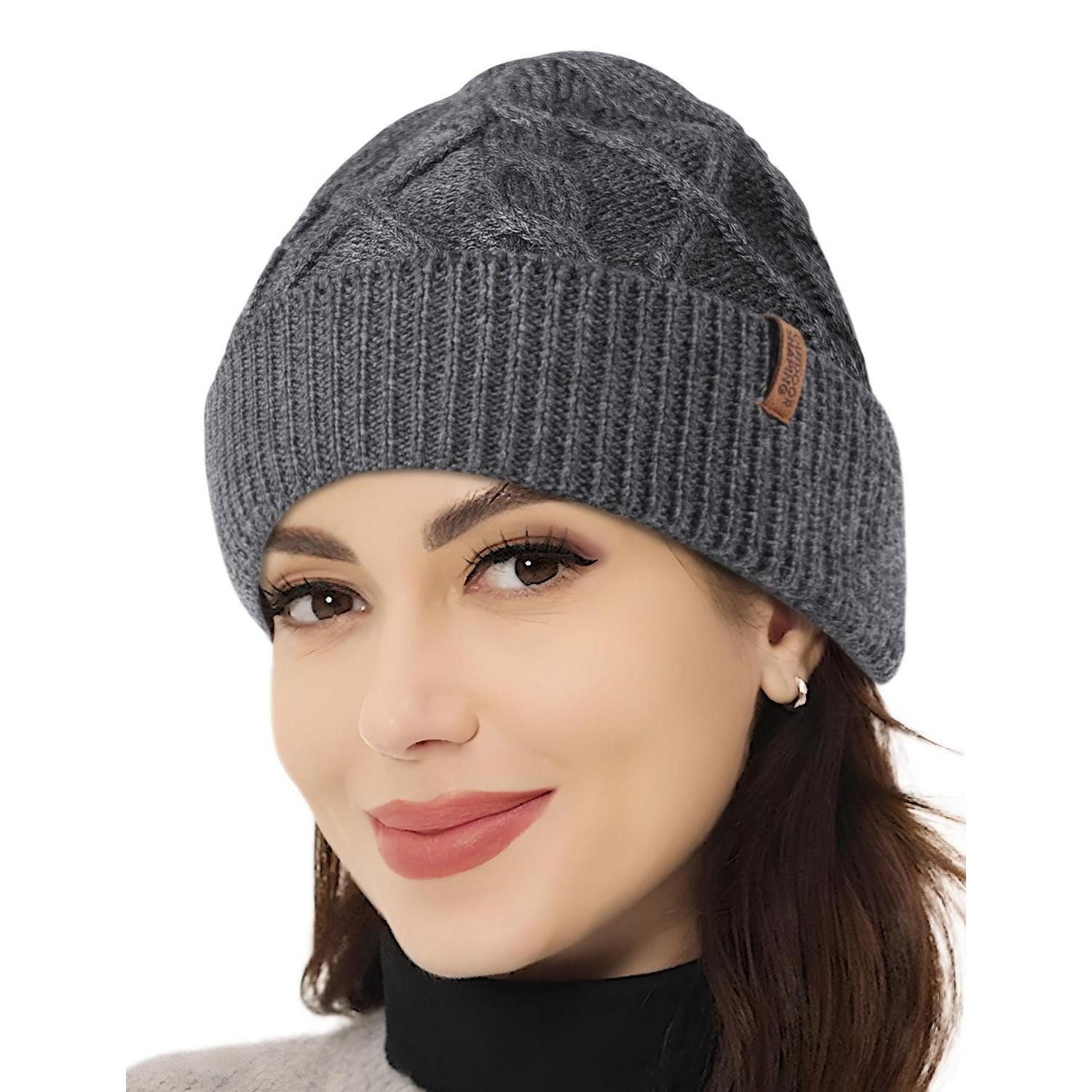 Strickmütze Strickmütze Merinowolle Cable Knit Damen Herren Beanie Dark Gray