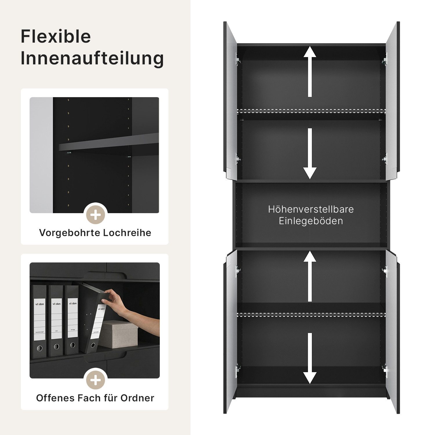 Vladon Aktenschrank Logan V2 (Aktenschrank, mit Soft-Close Funktion) Schwarz matt/Schwarz Hochglanz (82 x 184 x 37 cm)