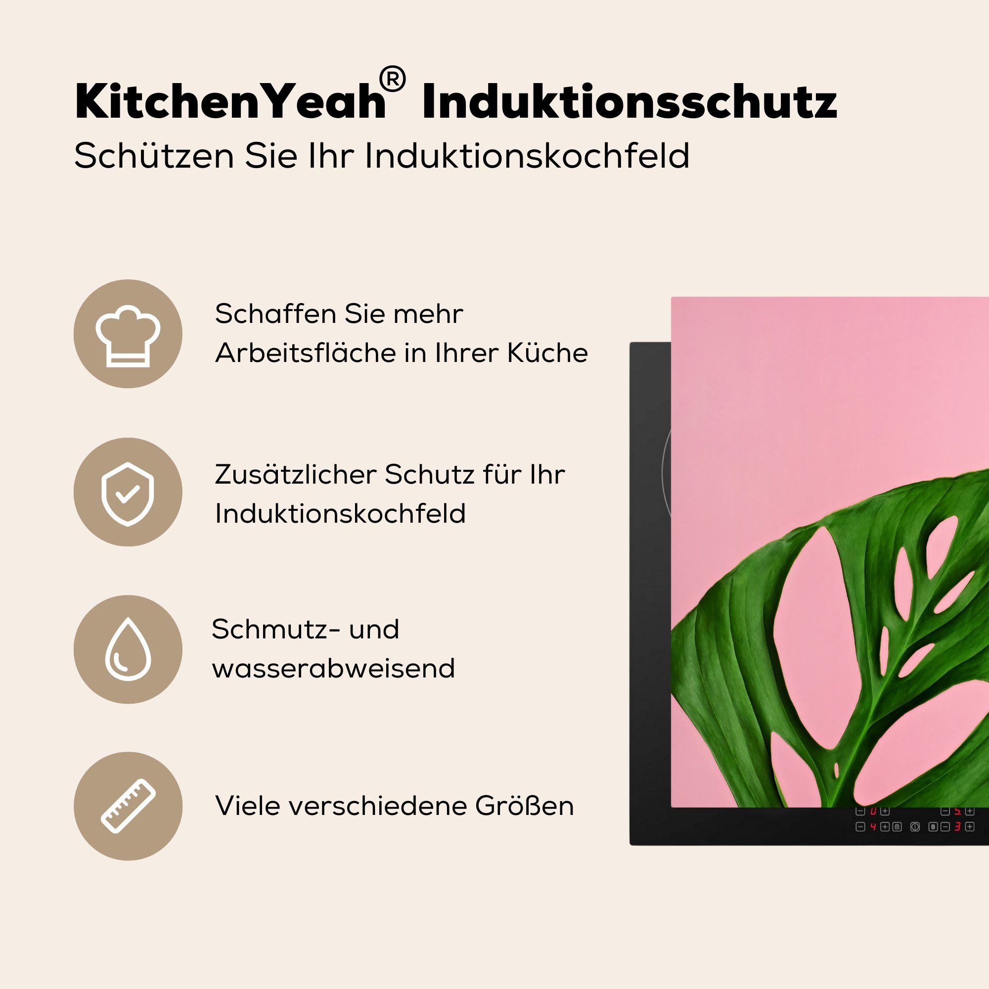 Botanisches Arbeitsplatte Blatt für rosa Hintergrund, cm, 78x78 tlg), (1 Herdblende-/Abdeckplatte MuchoWow Vinyl, Ceranfeldabdeckung, küche auf