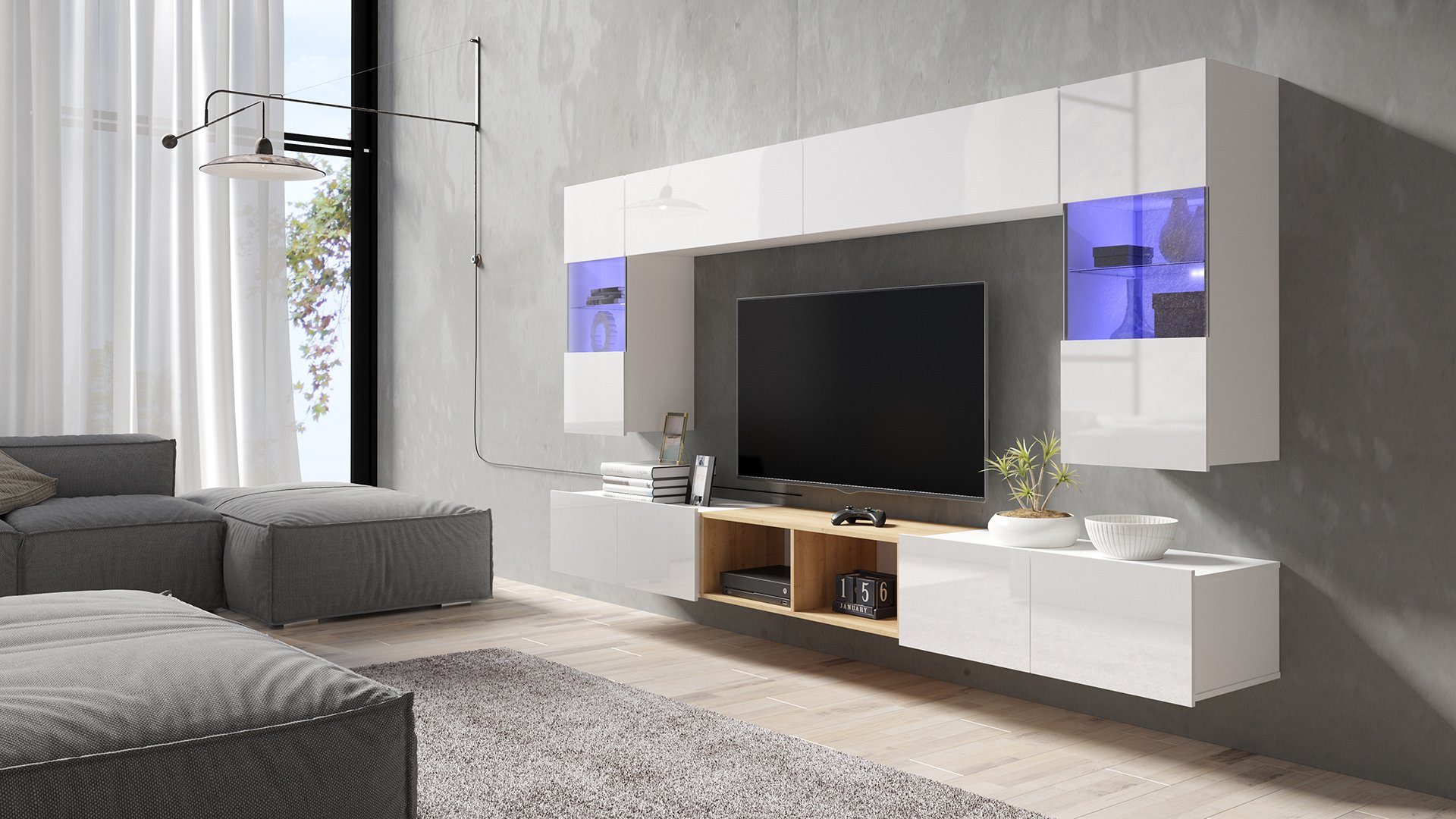 Stylefy Wohnwand Bietula, (Set (7-St), Wohnzimmer-Set), 7-teilig, wahlweise mit LED-Beleuchtung, FSC-Zertifizierung, Modern Design, variabel hängbar Weiß - Wotan Eiche