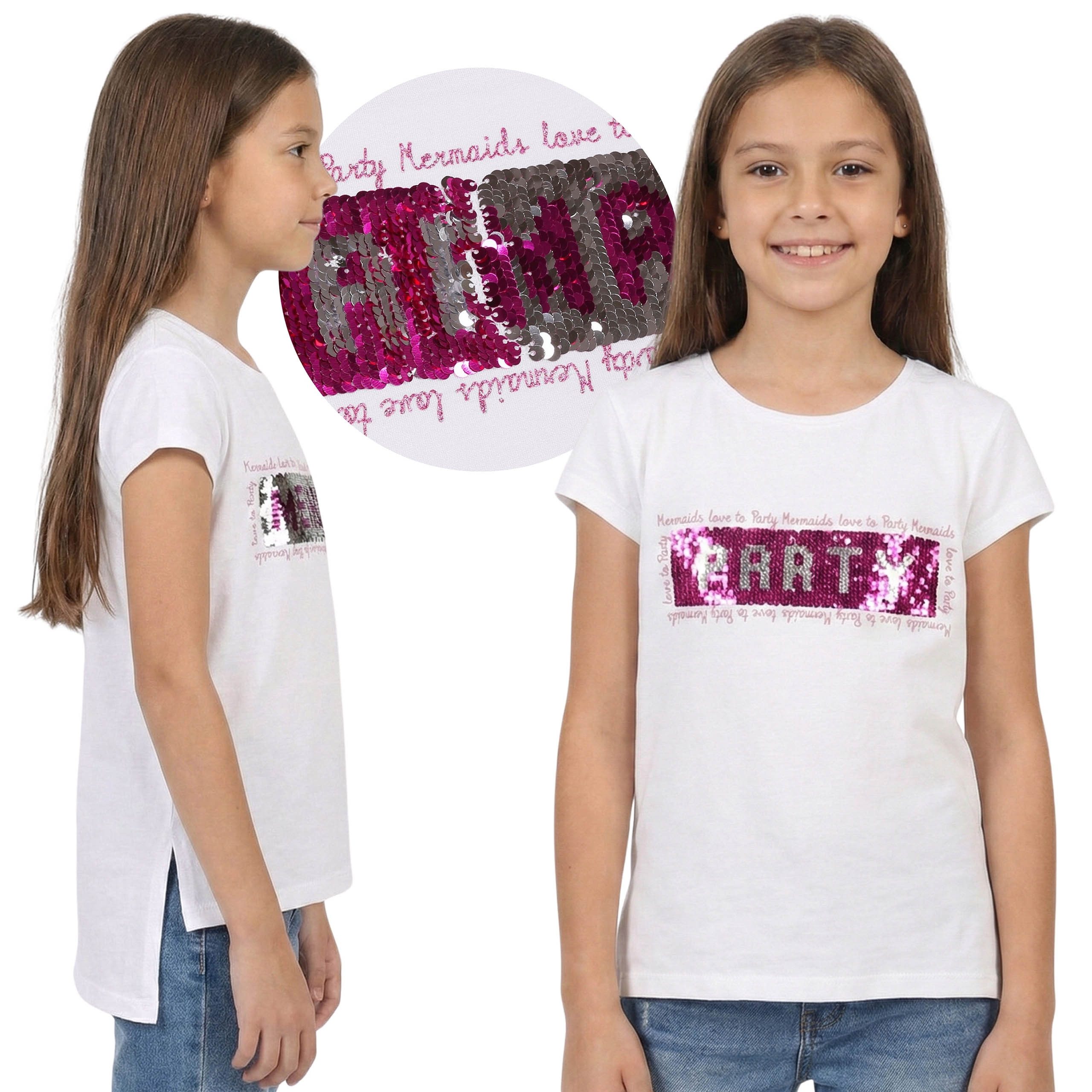 Kurzarmbluse Weißes Kurzarm-T-Shirt für Mädchen mit wendebaren Pailletten