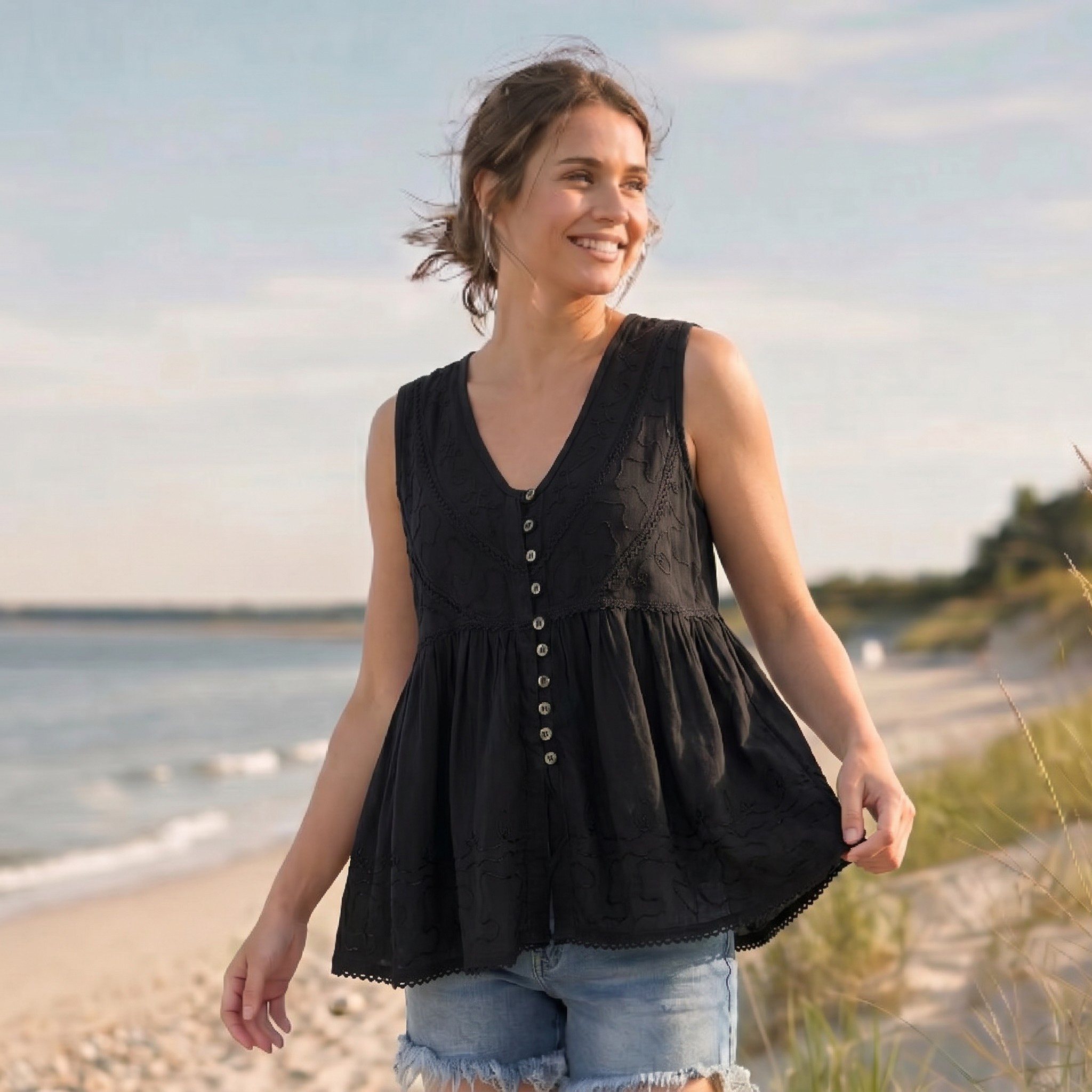 Guru-Shop T-Shirt Top Boho chic, besticktes Top - schwarz Festival, Ethno Style, alternative Bekleidung