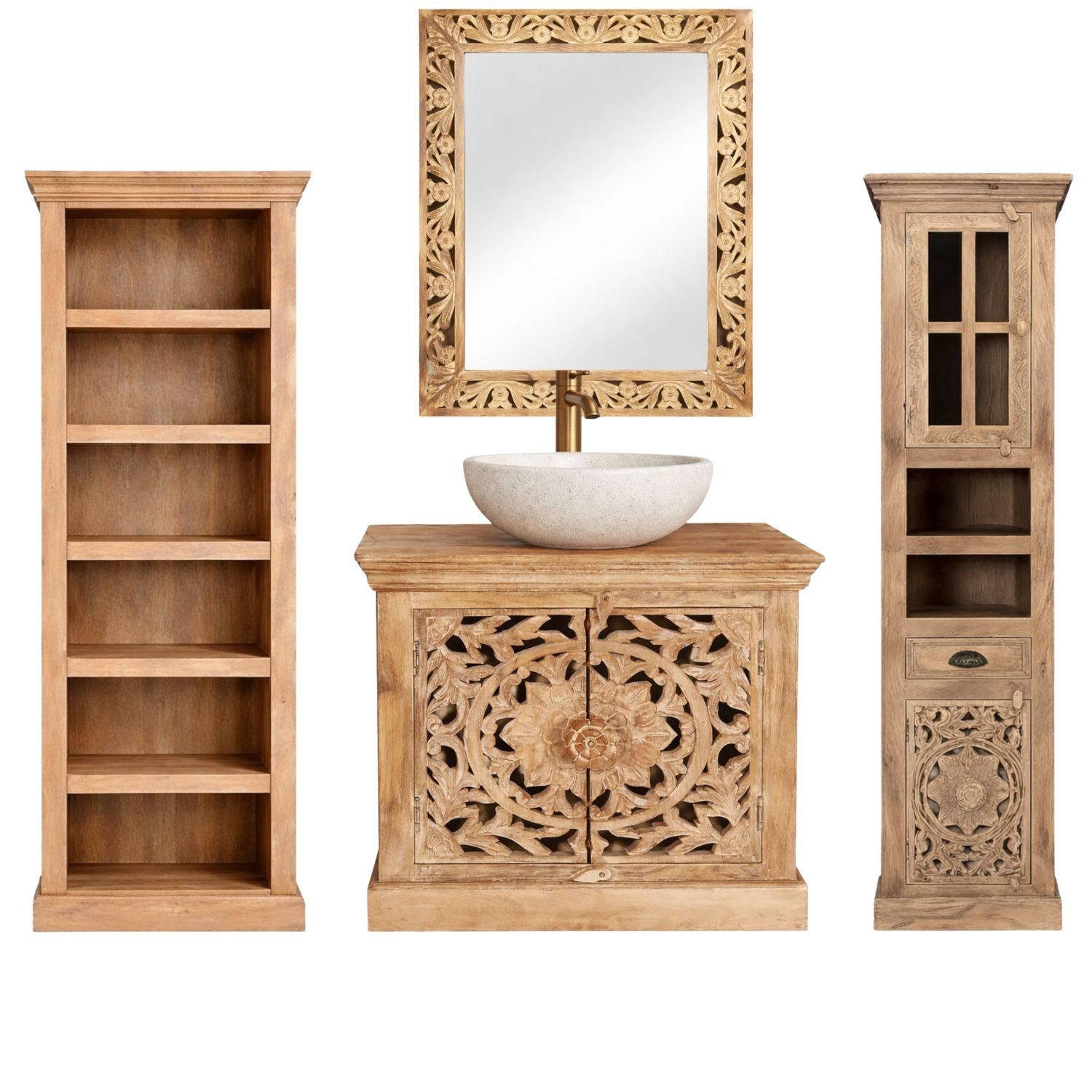 Marrakesch Orient & Mediterran Interior Badmöbel-Set Badezimmermöbel Kirpal Natur orientalisch Massivholz 4er Set, (4-St), Handarbeit