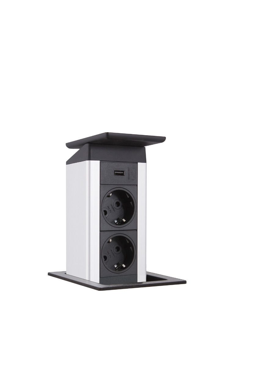 Evoline 2-Fach Steckdose + 1 USB Port Push Edelstahloptik mit Push-Funktionn Einbau-Tischsteckdose