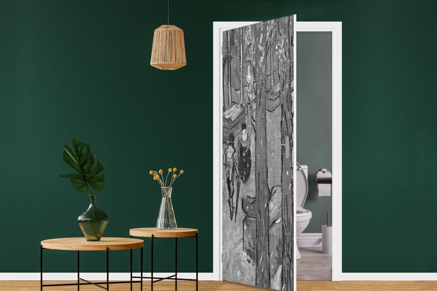 Türaufkleber, für van Weiß St), Gogh Türtapete in bedruckt, Tür, Fallende Fototapete - Matt, Schwarz Blätter cm und, und - Vincent Schwarz 75x205 (1 MuchoWow