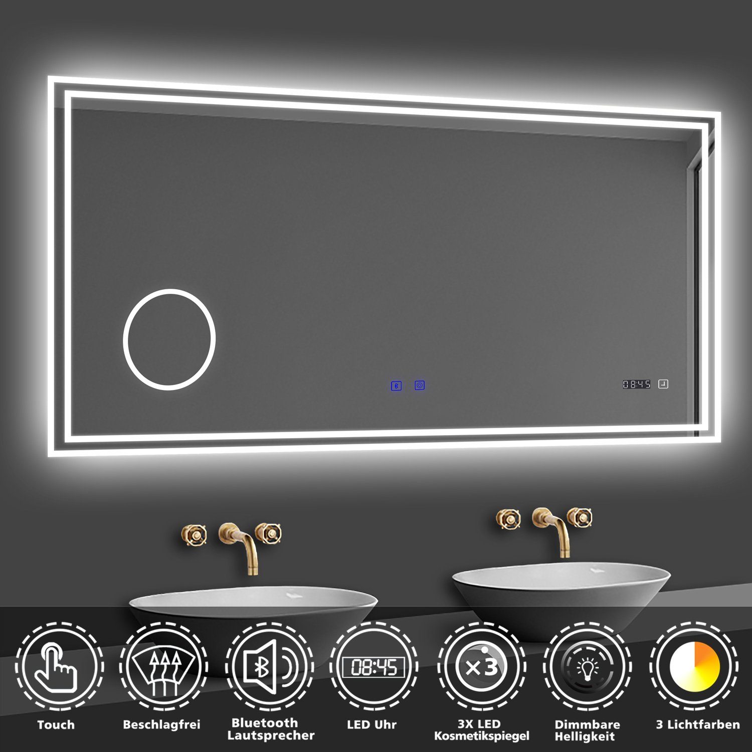 duschspa Badspiegel LED Beleuchtung Kalt/Neutral/Warmweiß Dimmbar Beschlagfrei, Bluetooth – Bild 3 von 5