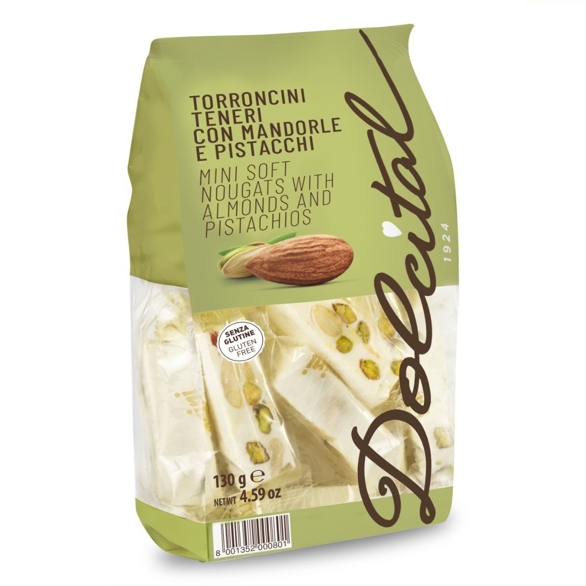 Dolcital Süßigkeit Torroncini mit Mandeln und Pistazien, Torroncini Teneri Mini Pistacchi, 130 g, weicher weißer Nougat, einzeln verpackt, Glutenfrei