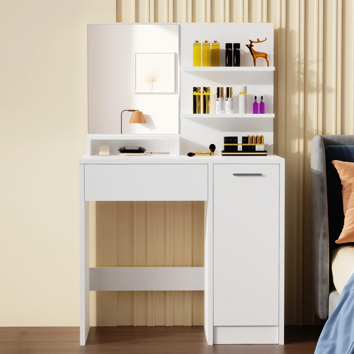 oyajia Schminktisch Frisierkommode mit Spiegel,1 Schubladen,3 offene Fächer, Modern (80x40x132cm,Weißer, Frisiertisch mit Spiegel), modern, 1 Schubladen, Stauraum