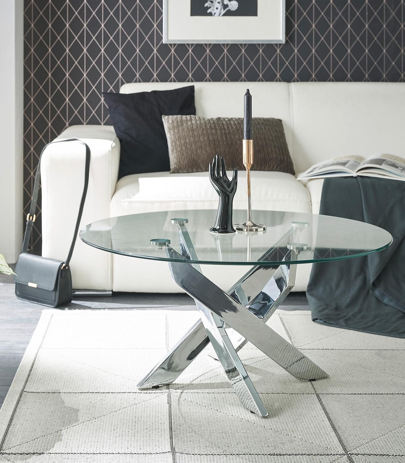 Couchtisch KOPENHAGEN, Chromfarben, Transparent, Metall, Sicherheitsglas, belastbar bis max. 10 kg, Ø 80 x H 40 cm