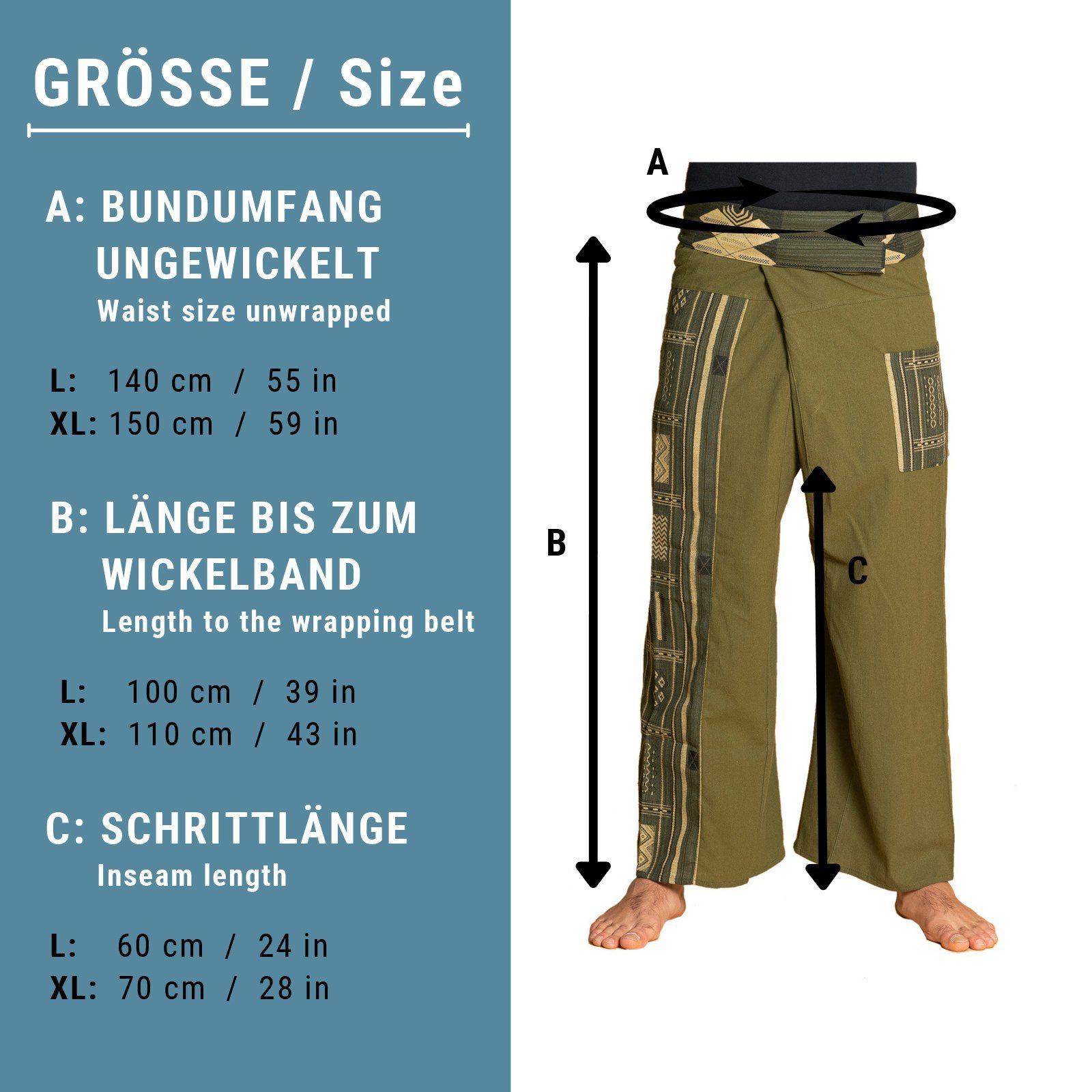 oliven Unisex Freizeithose loose bequeme Wickelhose Fischerhose Webmuster aus grün Baumwolle Yogahose Wellnesshose Relaxhose fit als PANASIAM Thai