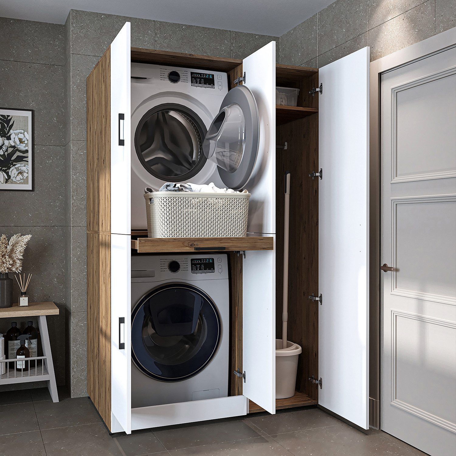 Roomart Waschmaschinenumbauschrank DORA Waschküche 115 cm mit Hochschrank, Soft-Close, 4 Farben (Waschmaschinenschrank DORA für Trockner & Waschmaschine in 4 Farben) Soft-Close-Türen, Vollauszug, 130kg Belastbarkeit, 4 Farben