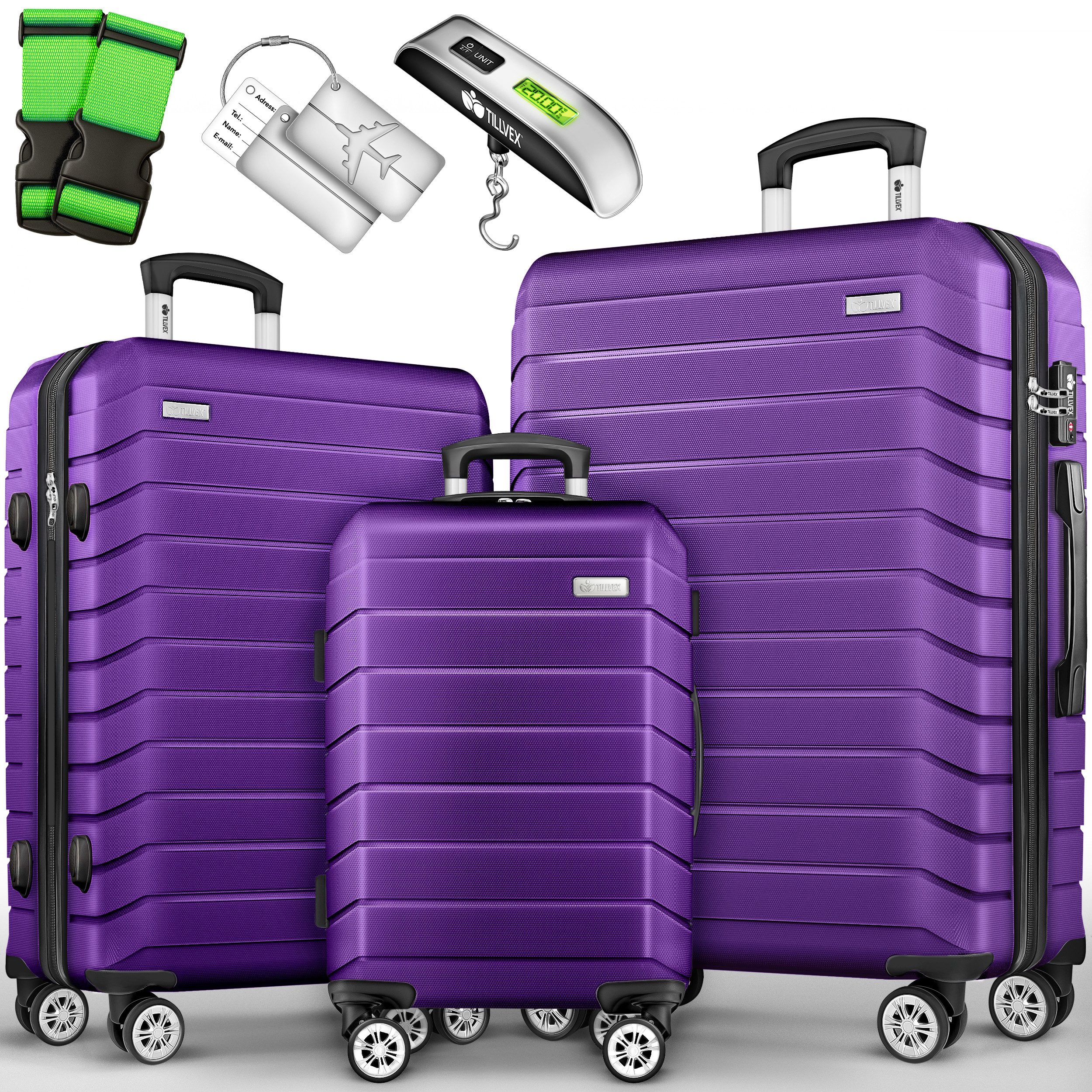 tillvex Чемоданы на колесах et Reisekoffer Set Koffer Hartschale Trolley Kofferset Tasche, (TSA Schloss Rollkoffer S-M-L-XL, 3 tlg), Reisekoffer Set 3-TLG. + Gepäckwaage, 6X Gurte & 3X Anhänger Kofferset