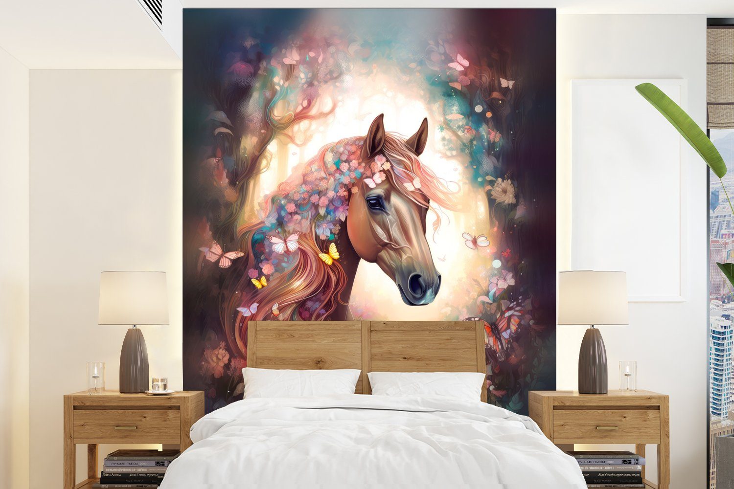 Fototapete Pferd - Natur - Blumen - Schmetterlinge - Wald