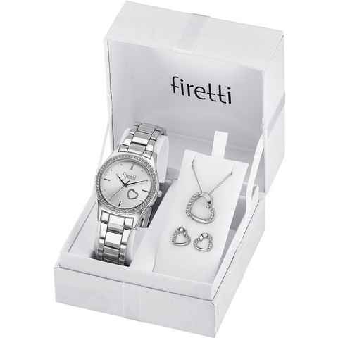 Firetti Quarzuhr, (Set, 5-tlg., mit Anhänger, Kette und 1 Paar Ohrsteckern), Armbanduhr, Damenuhr, Glassteine, ideal auch als Geschenk