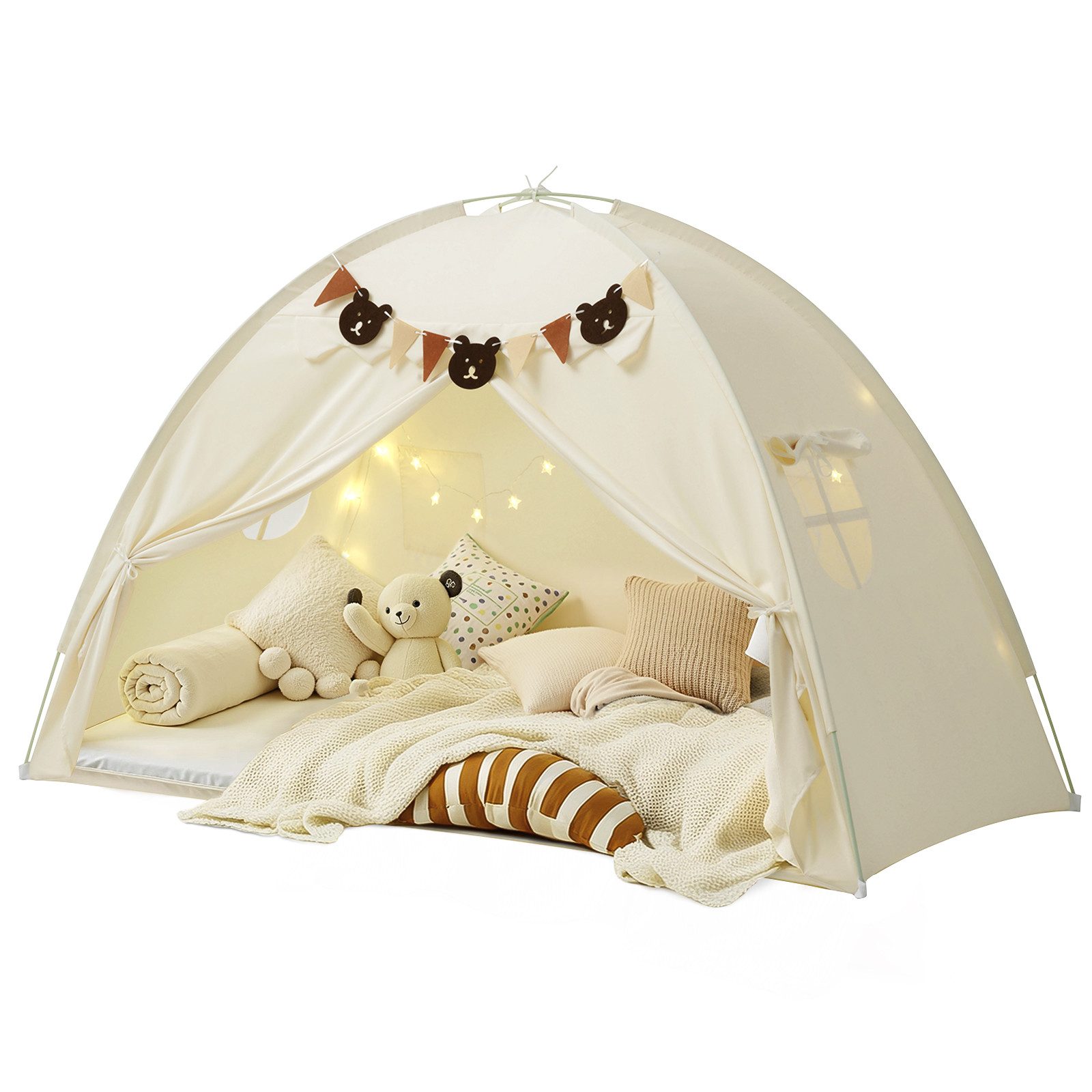 Insma Spielzelt 2 IN 1 Kinder Spielhaus Bettzelt Schlosszelt mit Sternen-Lichterkette und Bären-Wimpelkette, 196×124×99cm