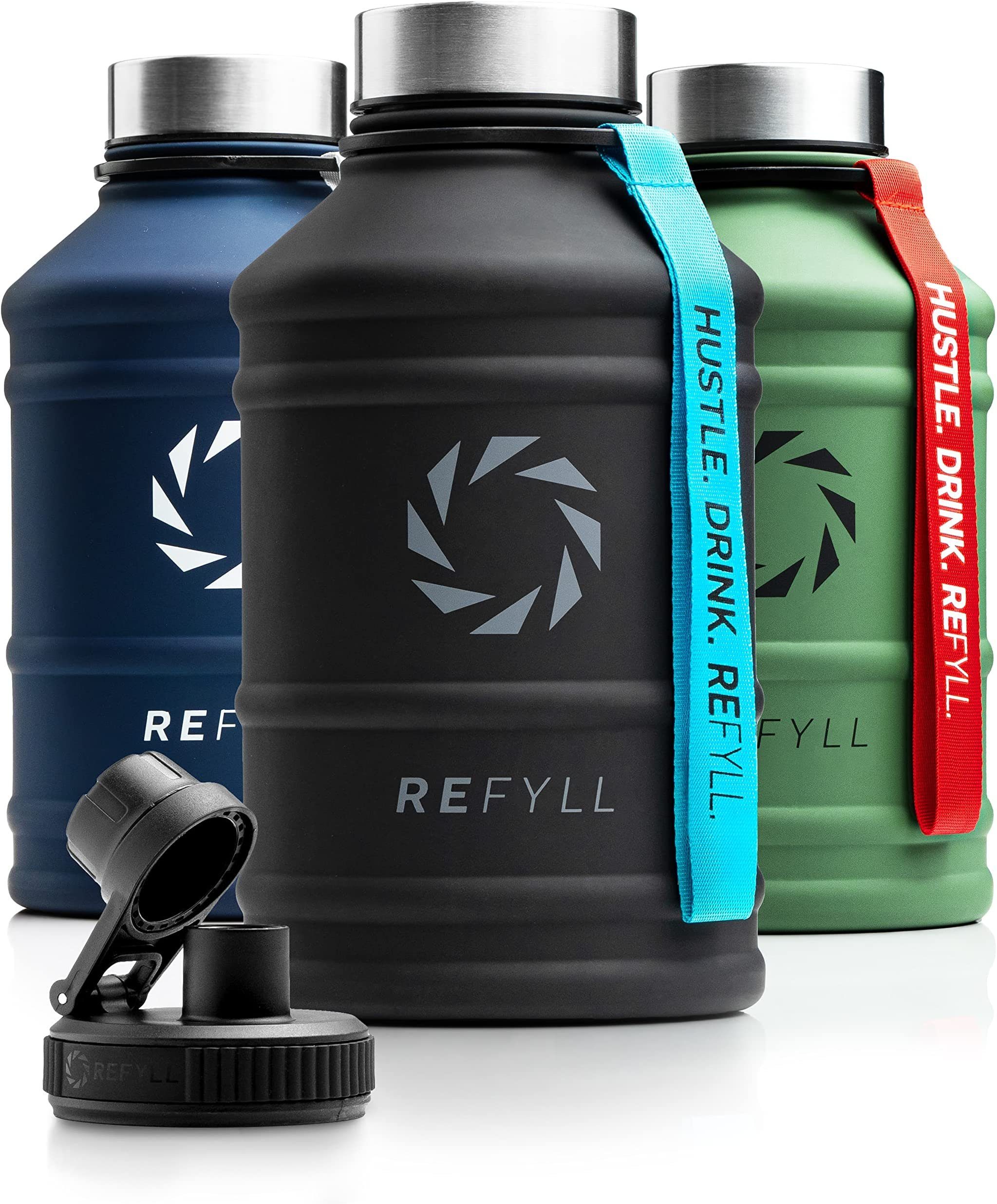 REFYLL Trinkflasche Edelstahl Trinkflasche Hero 1,3L und 2,2L, Auslaufsicher, robust, Fitness Trinkflasche für Sport, Gym, Water Jug auslaufsicher