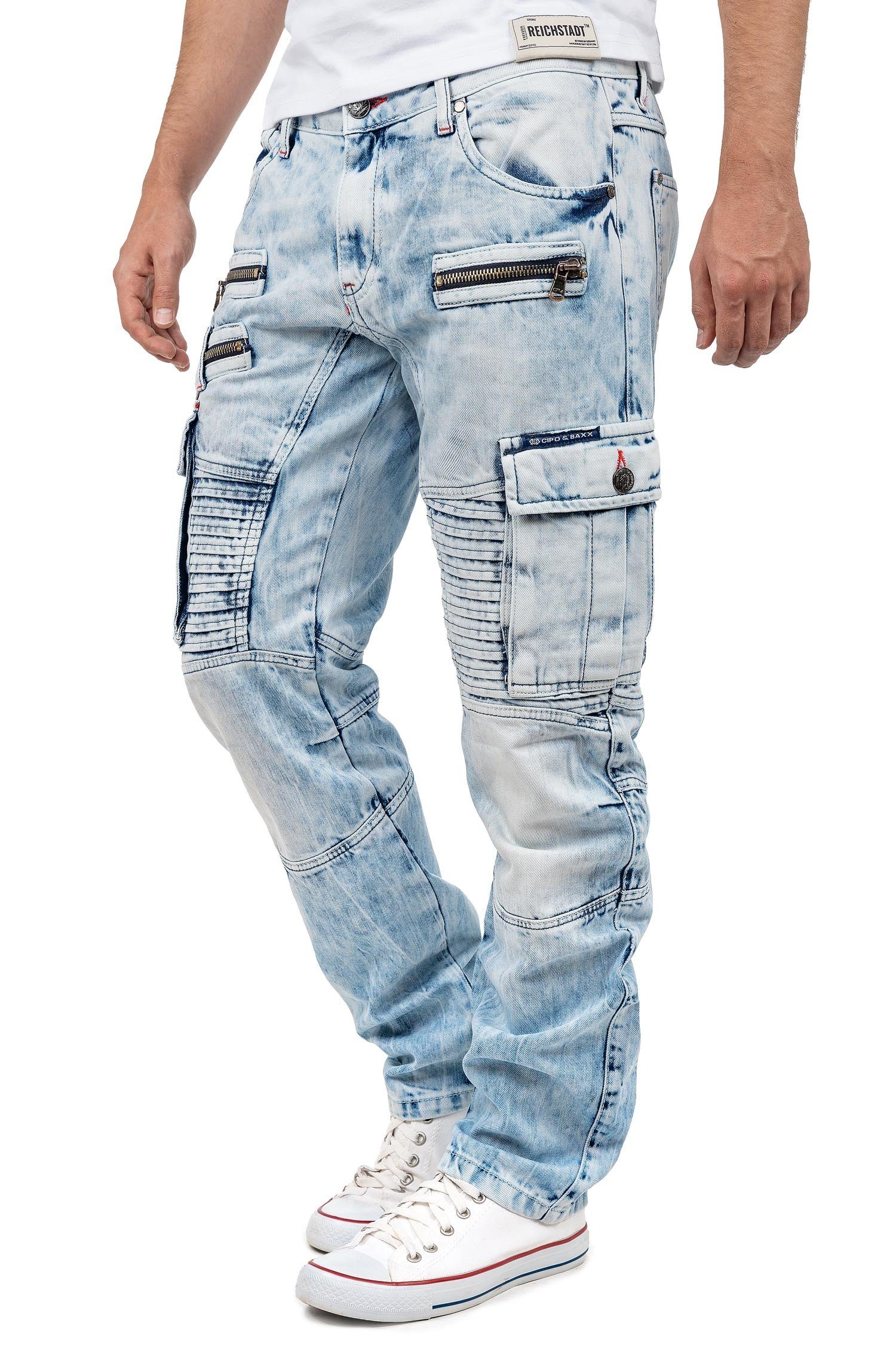 Cipo & Baxx Bikerjeans Herren regular fit Hose Stonewashed BA-CD798 Iceblue im Cargo-Style mit 5-Pocket-Style und Rippenmuster