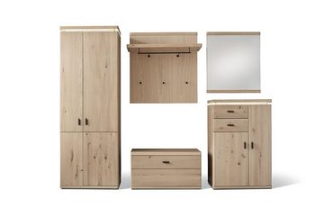 möbelando Garderoben-Set Barceloni, (5-St), Moderne 5-teilige Garderobe inkl. LED-Beleuchtung, Front Balkeneiche Bianco massiv mit durchgehende Lamelle mit Oberfläche geölt, Korpus FPY-Eiche Bianco furniert mit Oberfläche geölt/ innen Eiche Bianco Melamin Nachbildung mit 4 Holztüren, 1 Klappe, 2 Schubkästen, 5 Konstruktionsböden, 8 Einlegeböden, 2 Kleiderstangen und 3 Haken. Stellmaß ca. Breite 260 cm, Höhe 204 cm, Tiefe 38 cm