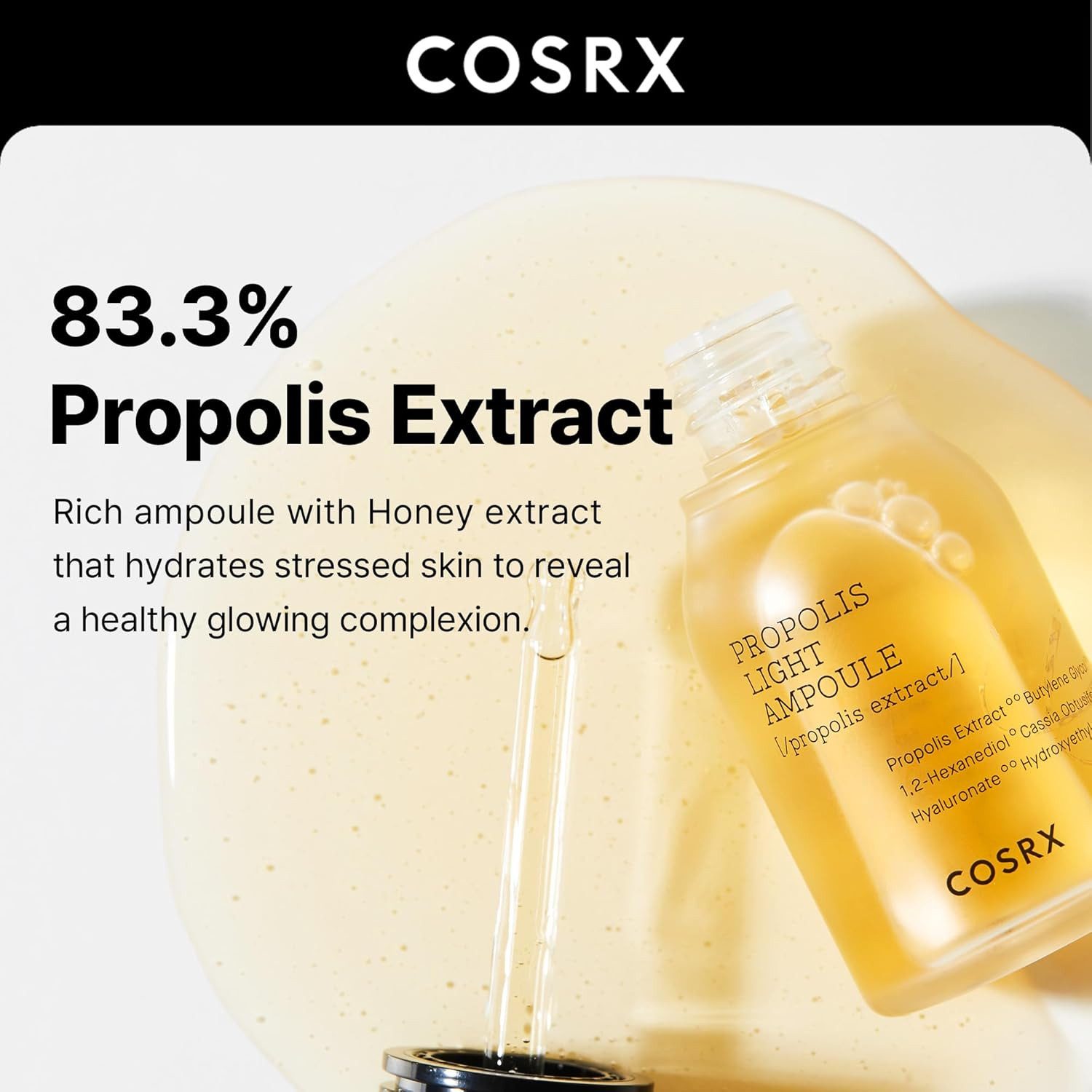 Cosrx Gesichtsserum Full Fit Propolis Light Ampoule – 83% Propolis-Extrakt für strahlende, gesunde Haut, 83% Propolis-Extrakt, schnell einziehend, beruhigt, reduziert Rötungen