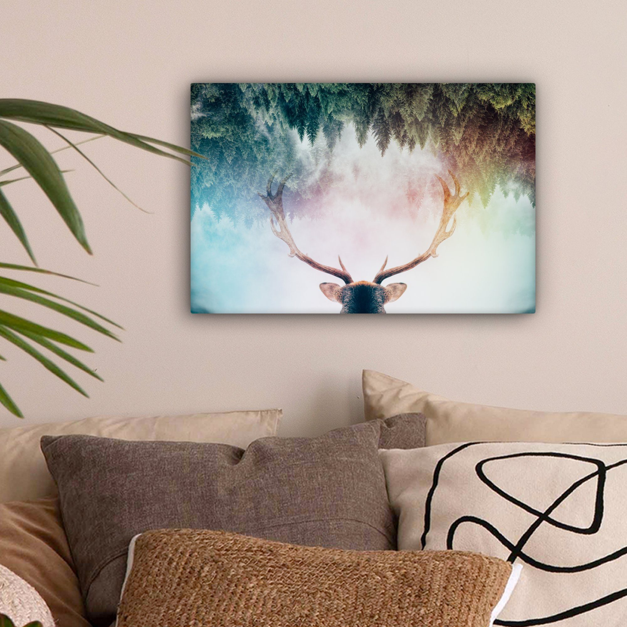 OneMillionCanvasses® Leinwandbild Hirsch - Geweih - Wald - Nebel, Fotodruck günstig online kaufen