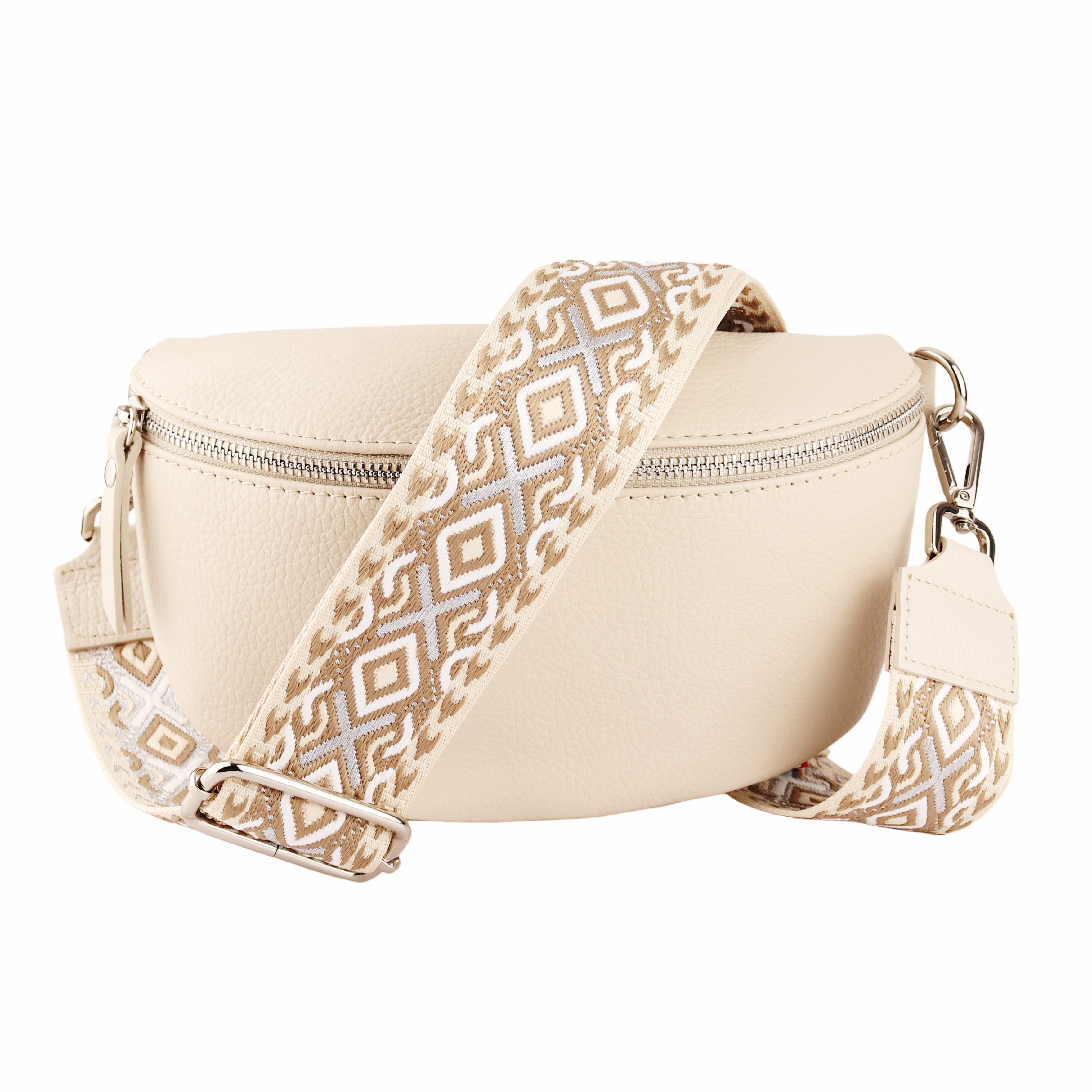 MIRROSI Bauchtasche Damen, Echtleder, Made in Italy, Umhängetasche, Brusttasche, (Schultertasche für jeden Anlass (1 Tasche & 2 Gurte), Crossbody Bag, Beige, gemusterten& verstellbaren Schulterriemen