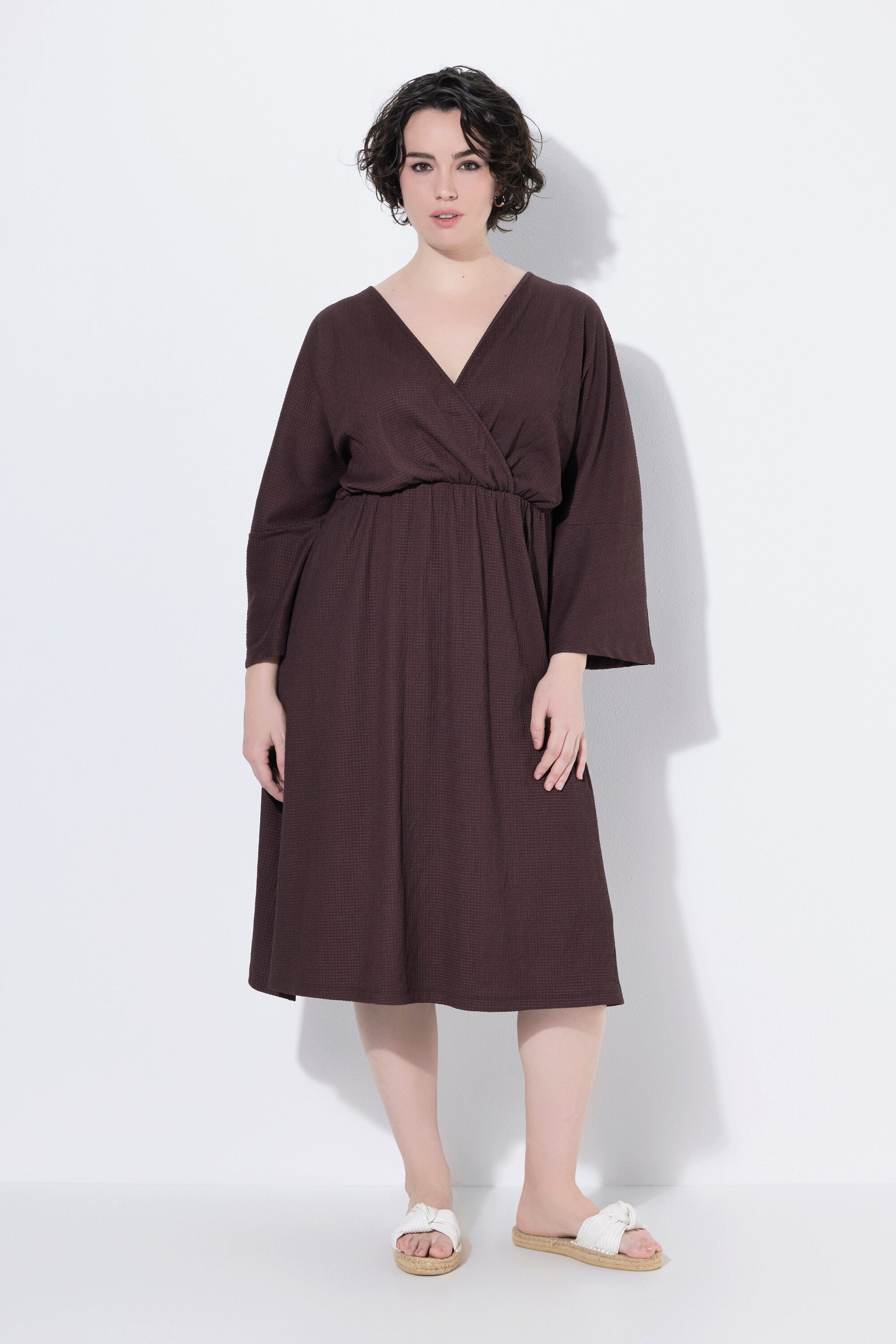 Ulla Popken Midikleid Kleid Wickeloptik A-Linie V-Ausschnitt 3/4-Arm