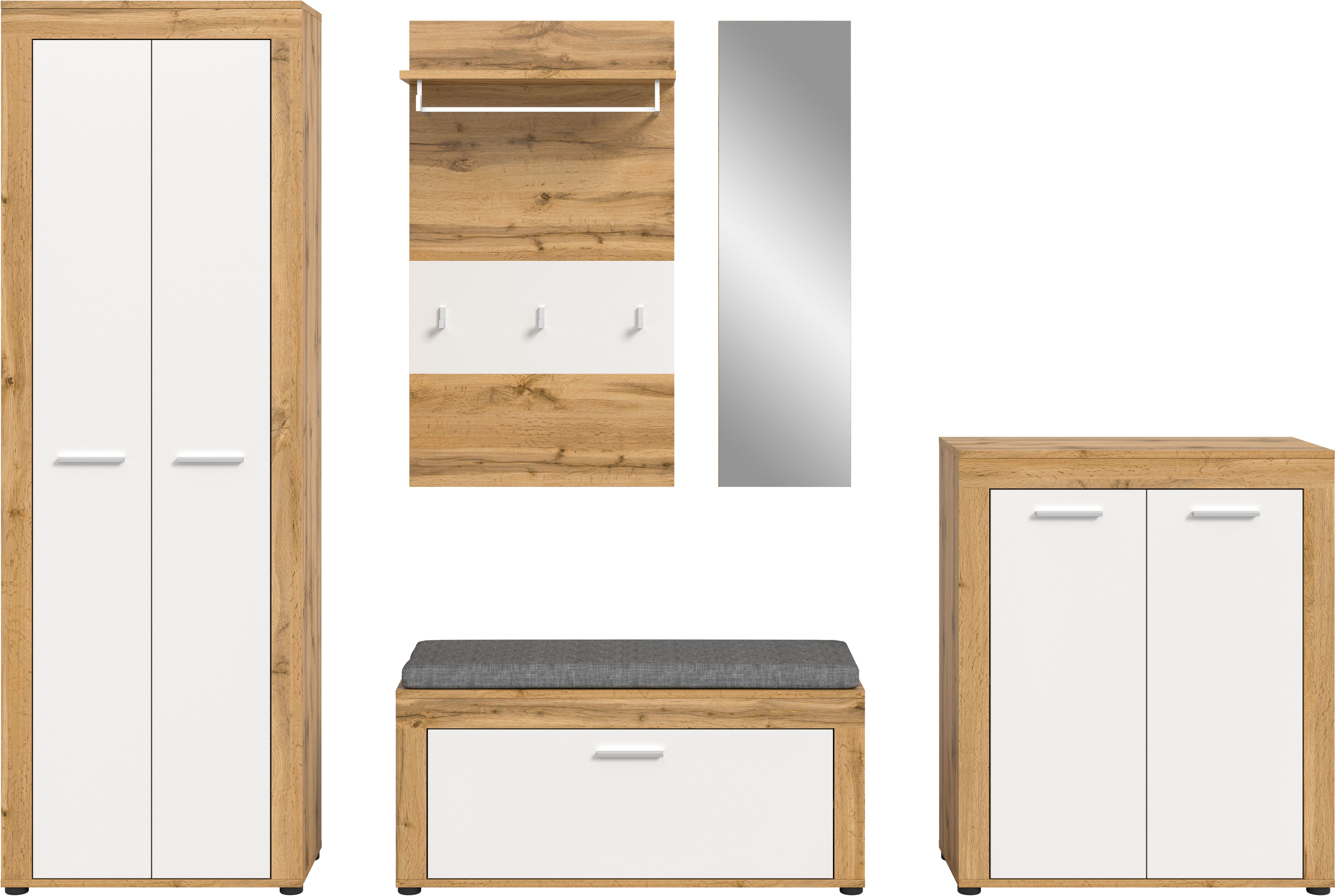 OTTO home Garderoben-Set AOSTA, Breite 285cm, 6-teilige Garderobenkombination, (Set, 6-St., best. aus: Schrank, Sitzbank, Sitzkissen, Paneel, Spiegel & Kommode), Flurkombination, Kombination, Garderobe, Dielen-Set, Garderobenmöbel