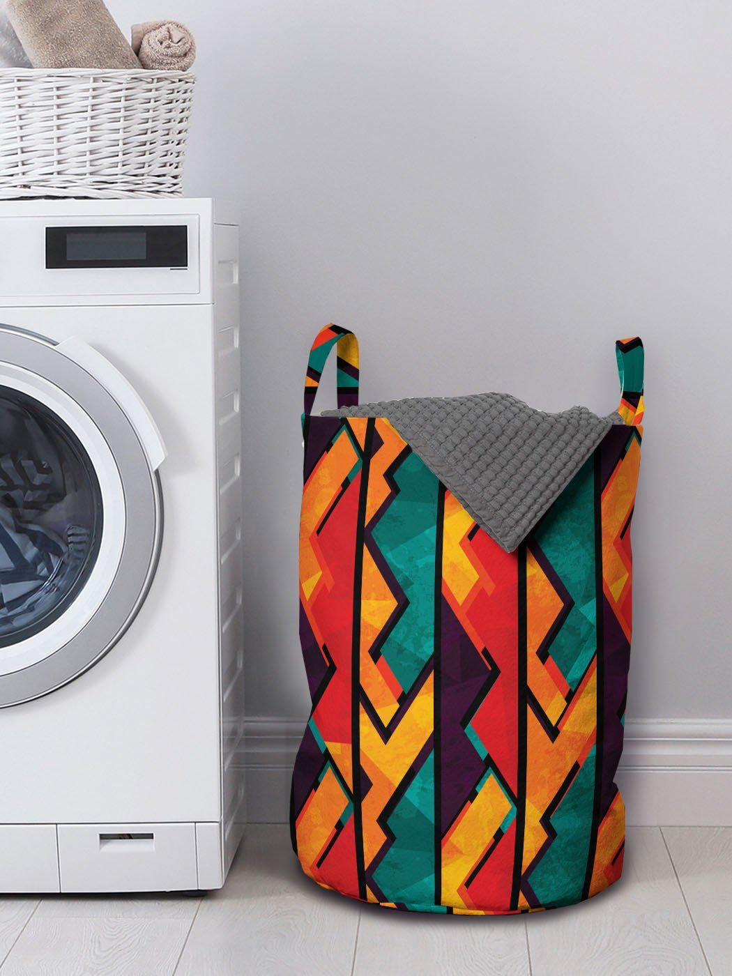 für Waschsalons, Abakuhaus mit Kordelzugverschluss Geometrische Wäschekorb Design Ethnisch Modernes Wäschesäckchen Griffen
