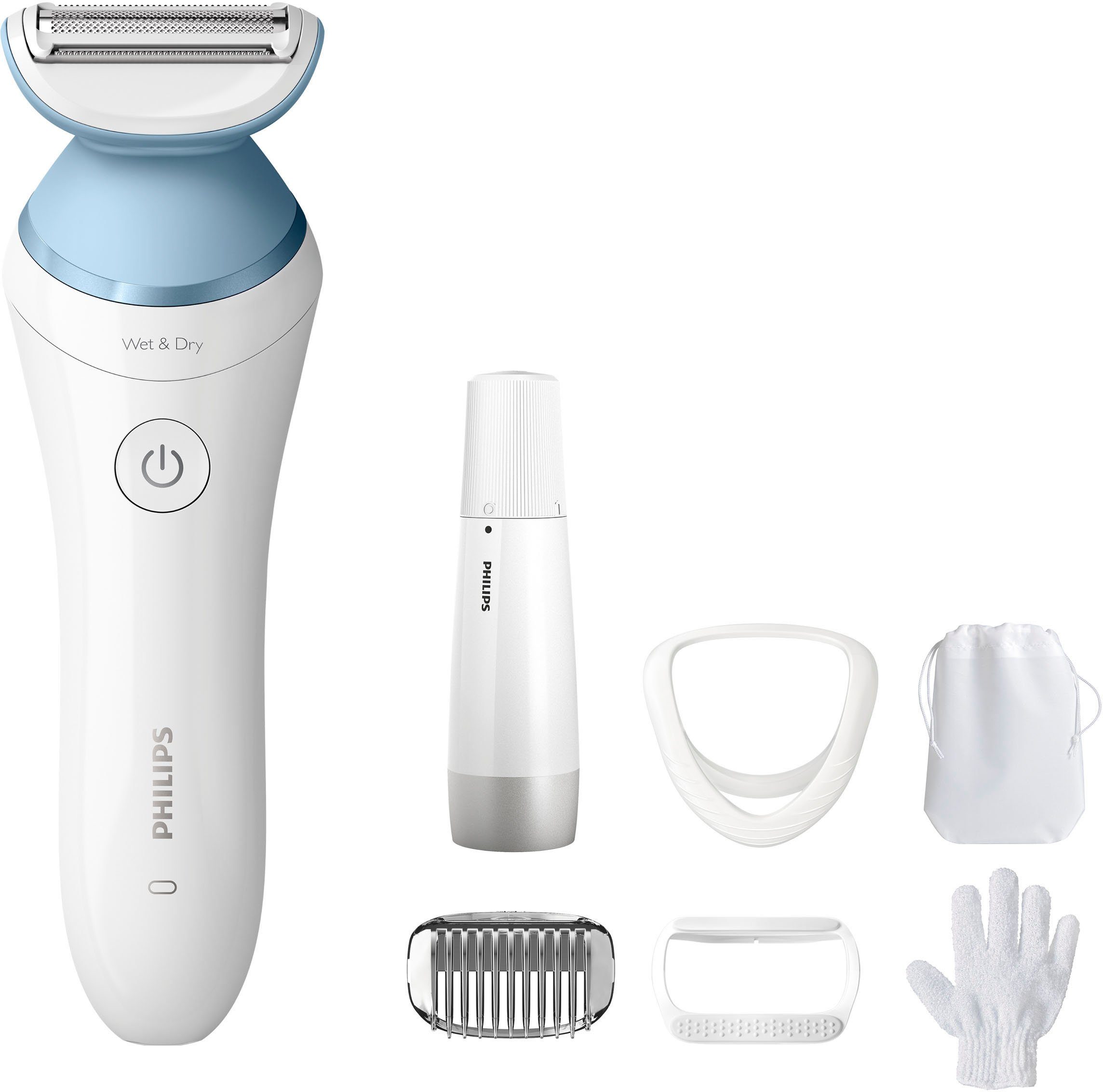 Philips Elektrokörperrasierer SatinShave Advanced Series 8000 BRL166/91, Aufsätze: 3, nass oder trocken, inkl. Gesichtshaartrimmer, Handschuh, Tasche