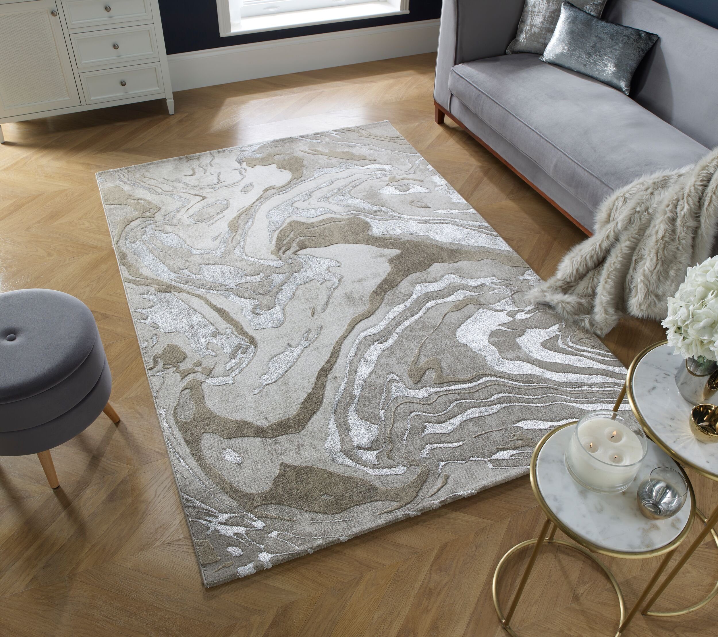 KADIMA DESIGN Teppich OUSE Teppich Marmor modern metallic glamourös elegant 80x150 Beige, Rechteckig, Höhe: 16 mm, Polypropylen-Polyester, robust, farbecht, strapazierfähig, weich