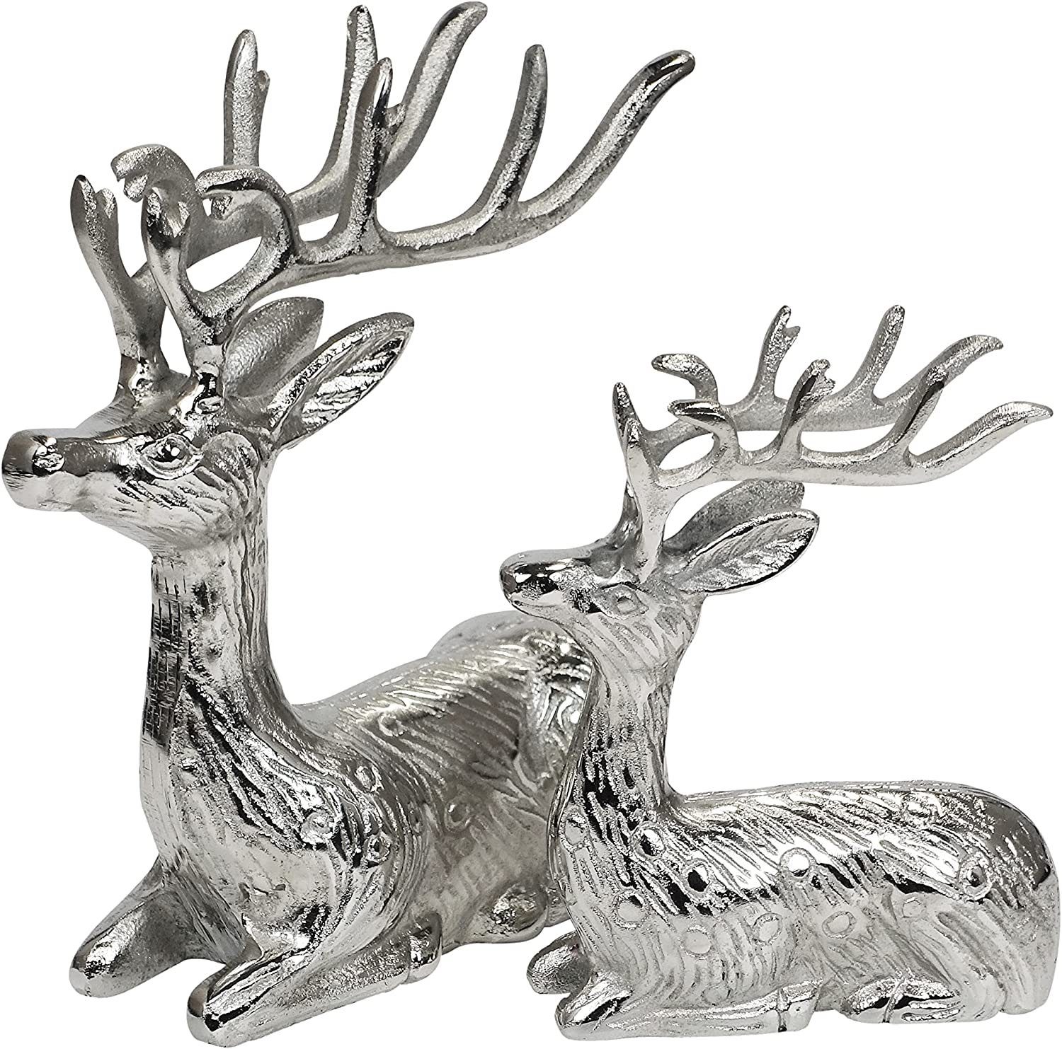 Dekofigur Hirsch 2er Set - Liegend - Rentier Aluminium Silber Statue Dekofigur