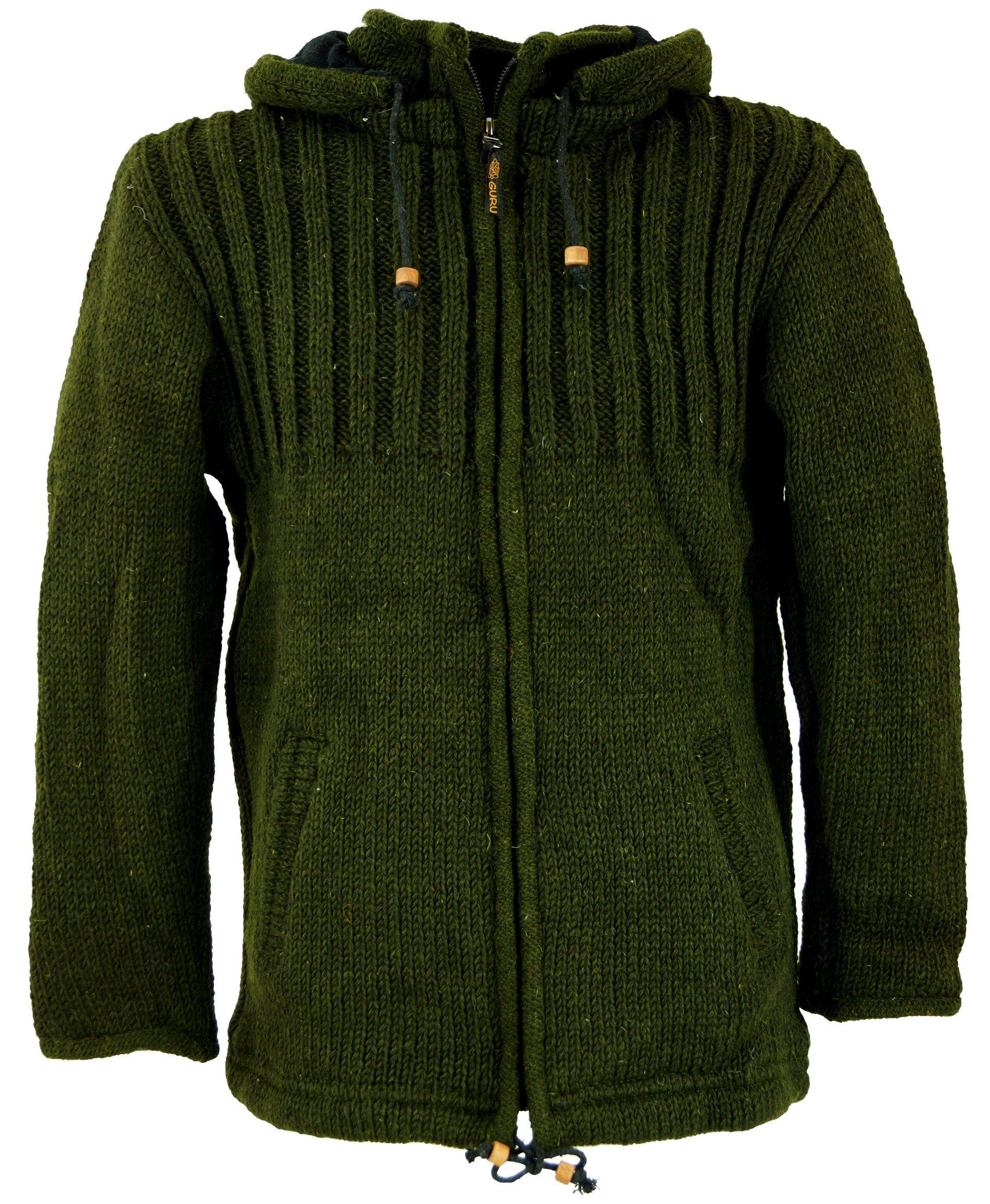Guru-Shop Langjacke Strickjacke Wolljacke Nepaljacke olive - Modell 2 alternative Bekleidung