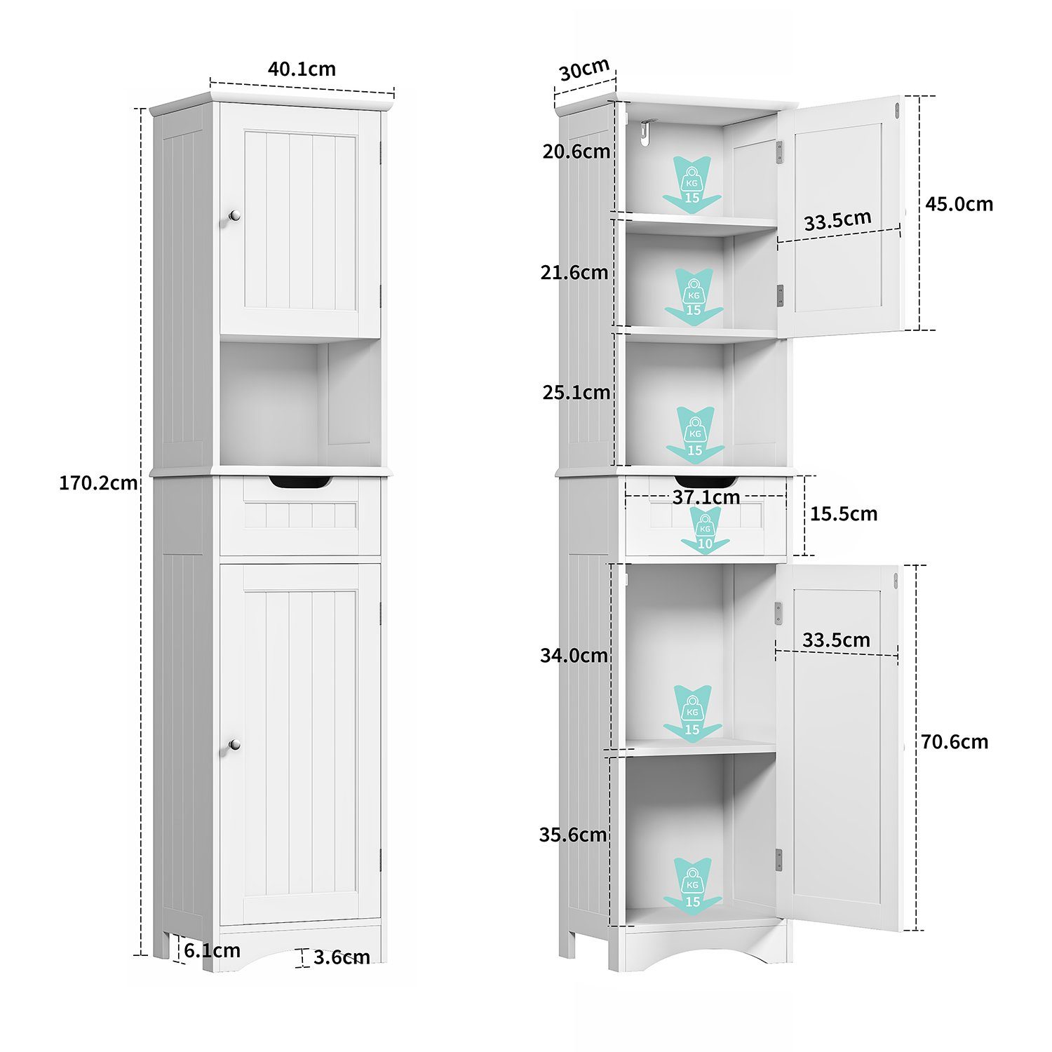 Badezimmerschrank, mit 2 Weiß Tür, Bealife 40x30x170cm Badezimmer, Schrank Hochschrank