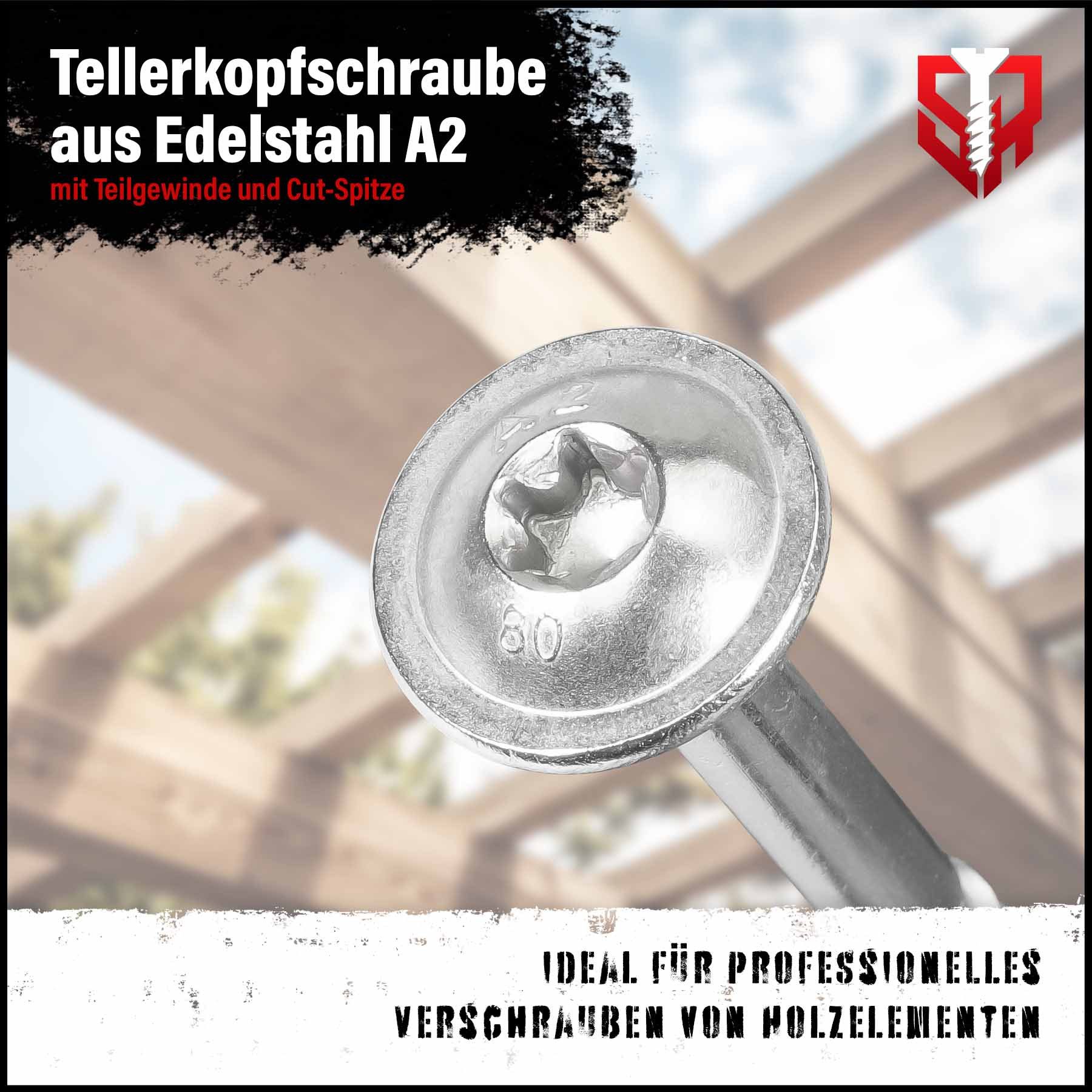 SCREWREBEL Holzbauschraube Tellerkopfschraube Edelstahl A2 mit ETA Zulassung für Solar, (100 St), für Photovoltaik Montagen, TX Antrieb, mit Cutspitze und Reibteil